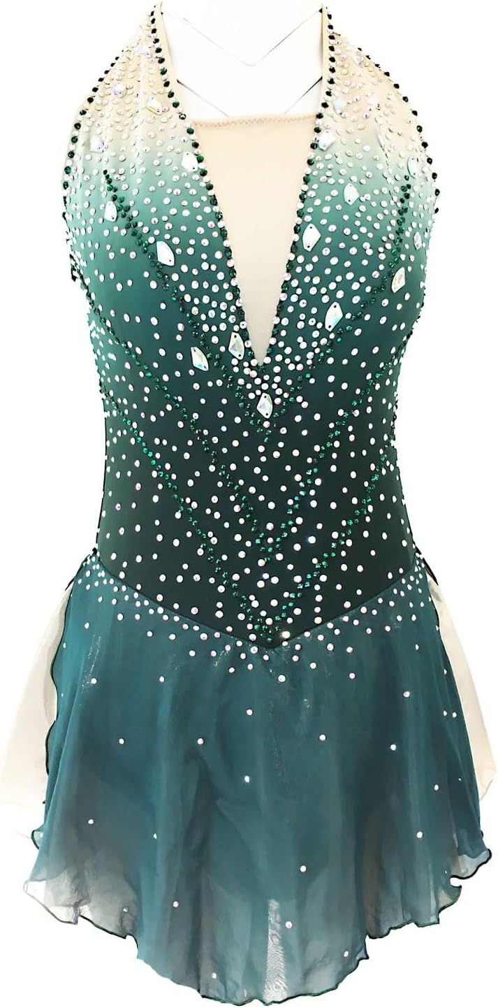 Eiskunstlauf Kleid Frauen Mädchen Eislaufen Kleid Dark Green Open Back Micro Elastisches Training Eislauf-Abnutzungs Strass Ärmellos Eislaufen Eiskunstlauf