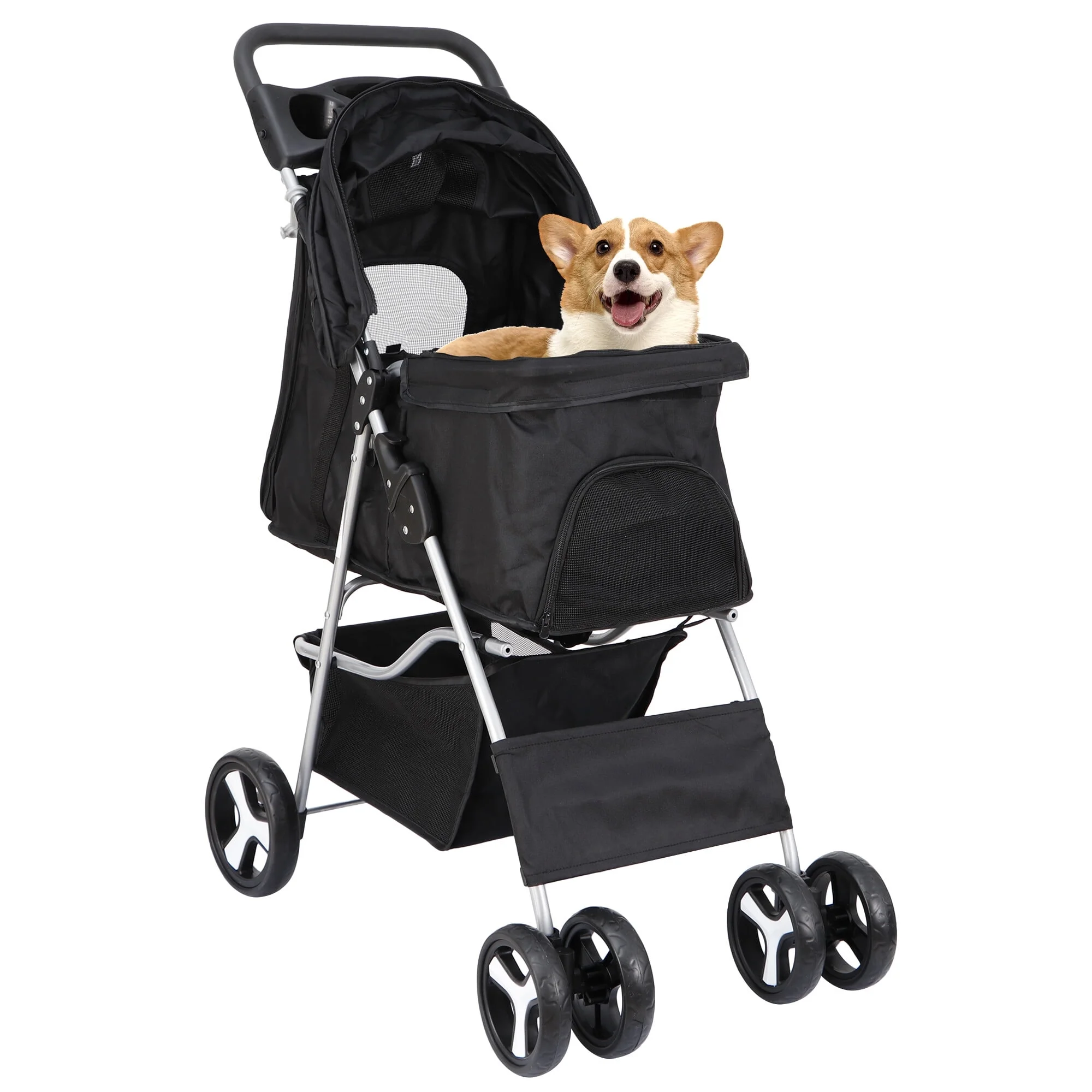 2025 HomGarden Hondenwagen met 4 Wielen, Opvouwbare Draagtas voor Kleine Honden en Katten met Opslagmand en Bekerhouder, Zwart