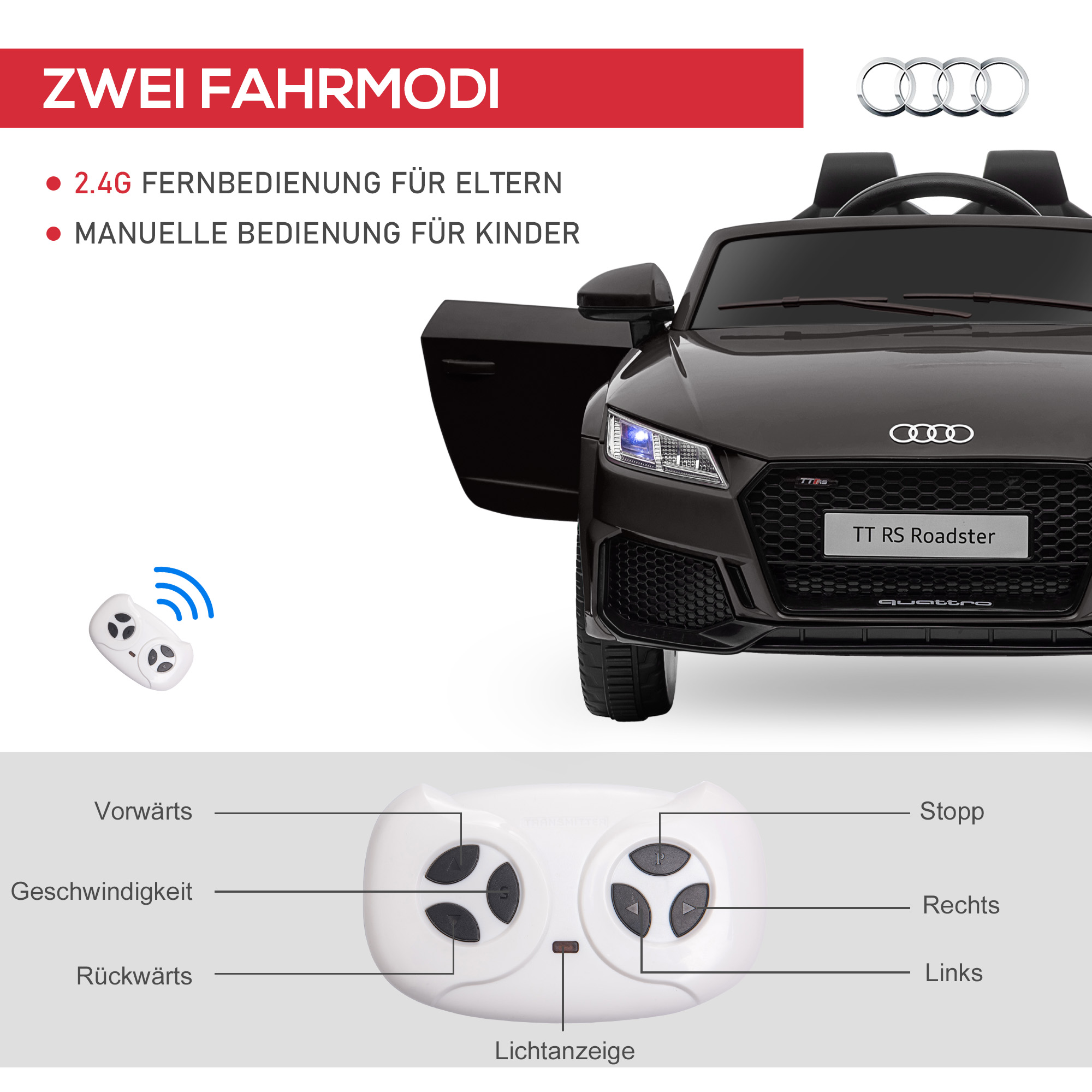 Kinder-Elektrische Auto, Audi TT RS Roadster, 3 km/u, Afstandsbediening, LED, USB, Zwart