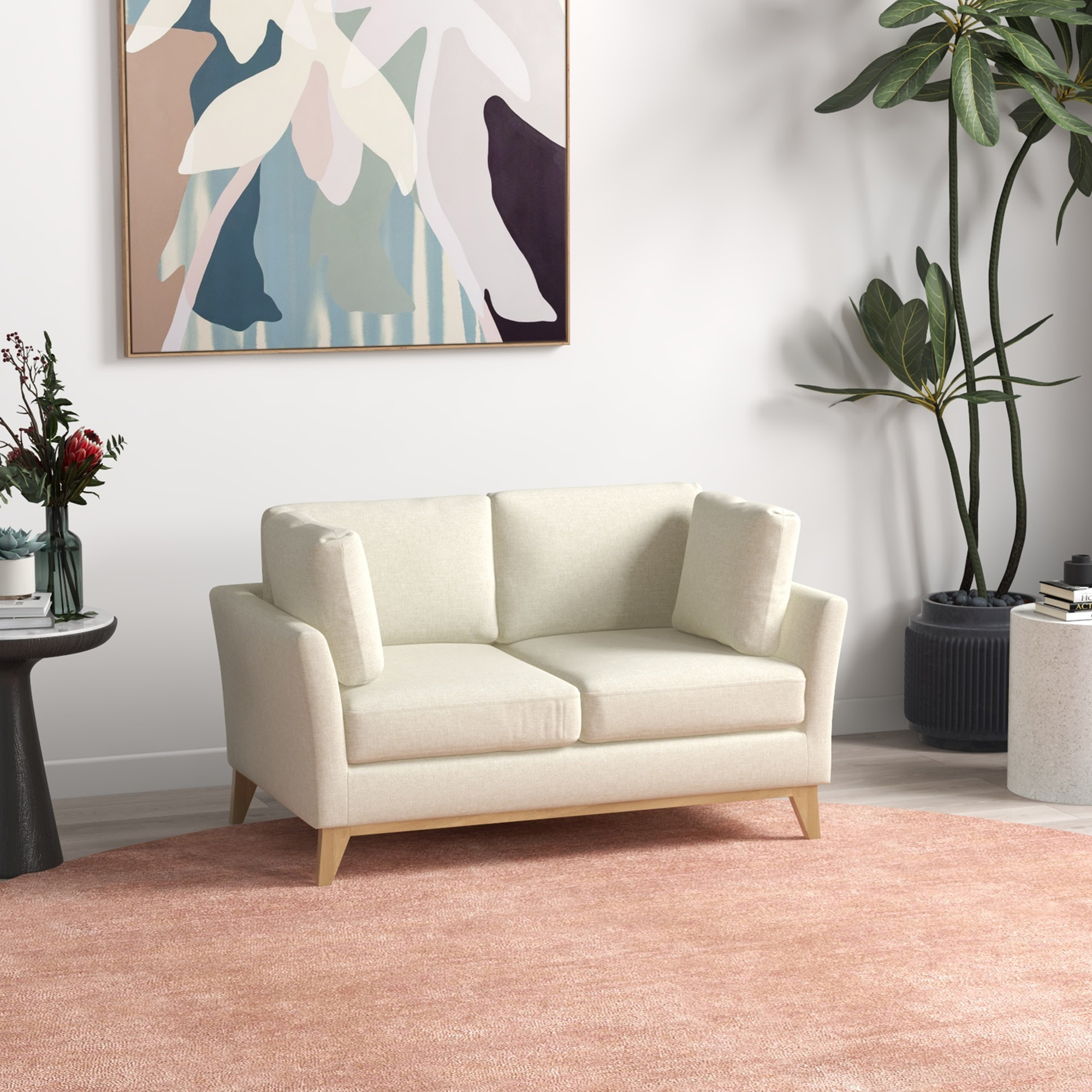 2-zitsbank, Scandinavisch design, 2 sierkussens, frame van natuurlijk hout, beige, 137 x 78 x 78 cm