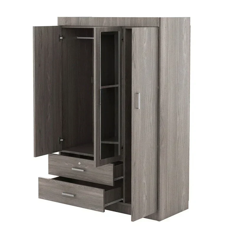 3-Door Mirror Wardrobe with Shelves and 2 Drawers