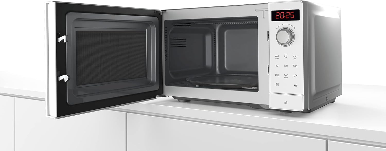 Bosch FFL023MS2 Serie 2 Mikrowelle, 26 x 44 cm, 800 W, Drehteller 27 cm, Türanschlag Links, AutoPilot 7 7 Automatikprogramme, Reinigungsunterstützung, LED-Touchdisplay, Edelstahl