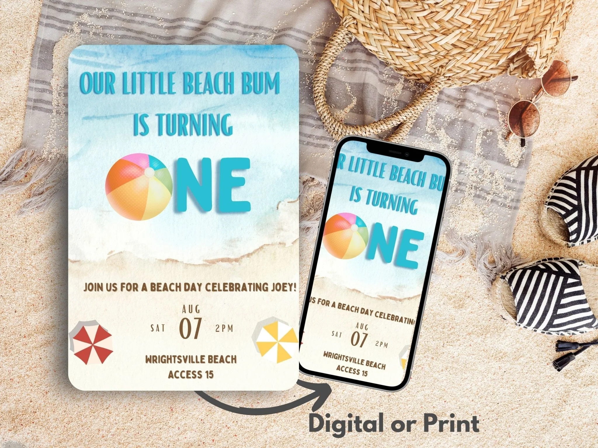 Baby's First Birthday Invitation, 1st Birthday Invitation Beach Theme, Beach Birthday Invitation, Editable Template