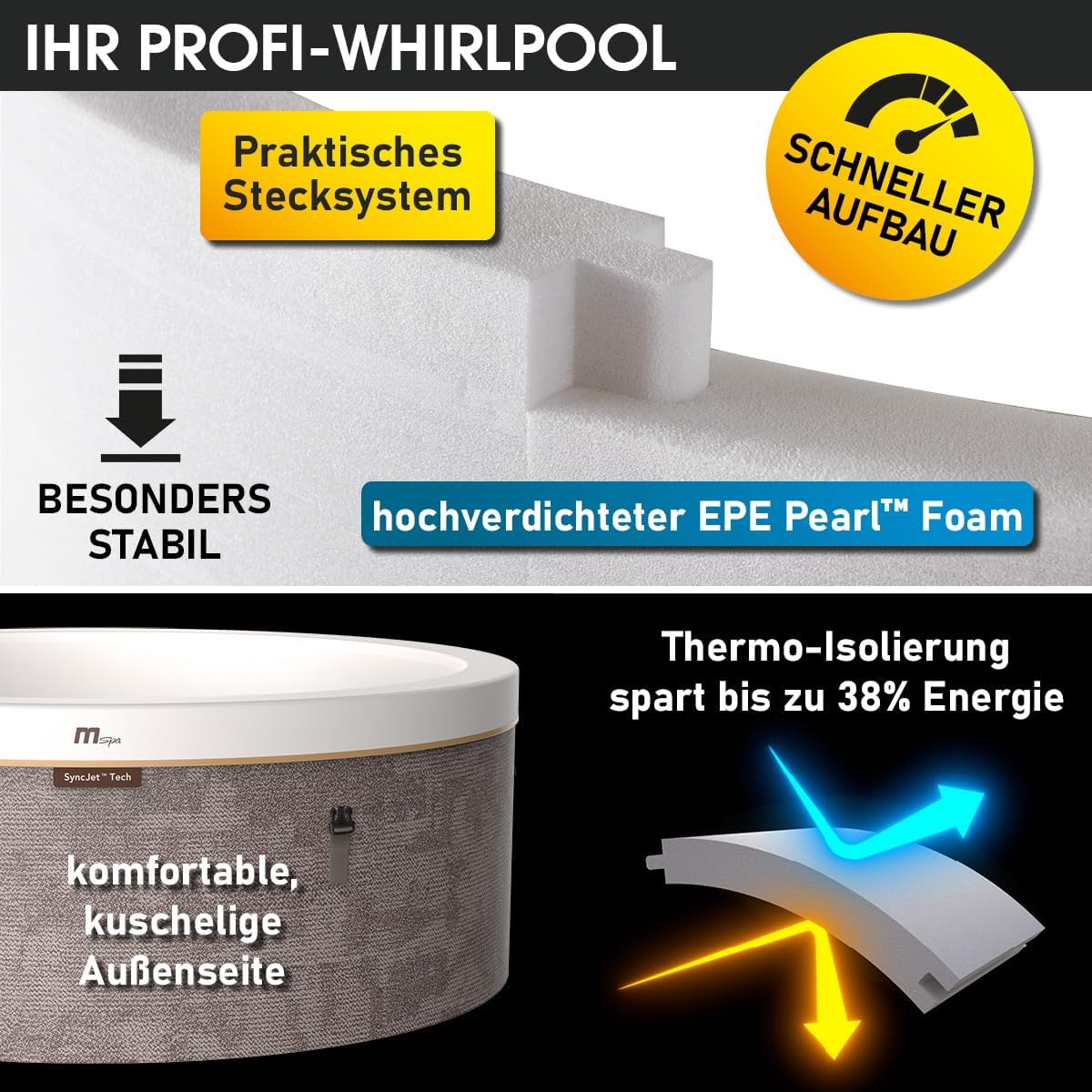 BRAST Whirlpool MSpa | 4-8 Personen | viele Modelle rund und eckig | Ø 125-224cm | In- Outdoor Pool | bis zu 144 Massagedüsen | inkl. Aufblasfunktion Abdeckung Timer Heizung | Cocoon