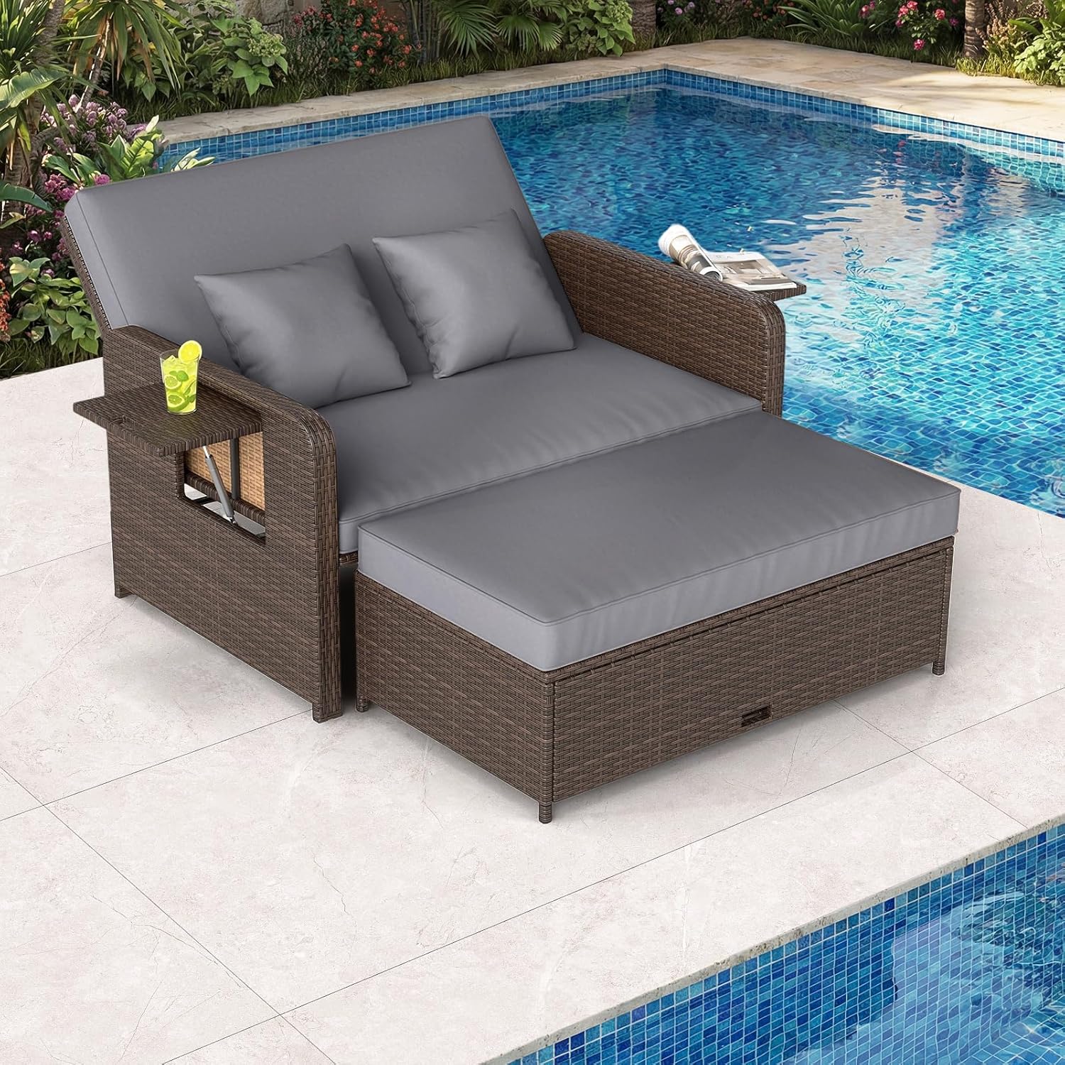COSTWAY 3 in 1 Polyrattan Sonnenliege, Gartenliege mit Verstellbarer Rückenlehne & Seitenablagen, Loungebett, Doppelliege mit Kissen, Gartensofa mit Liegefunktion, Hocker & Stauraum (Grau)
