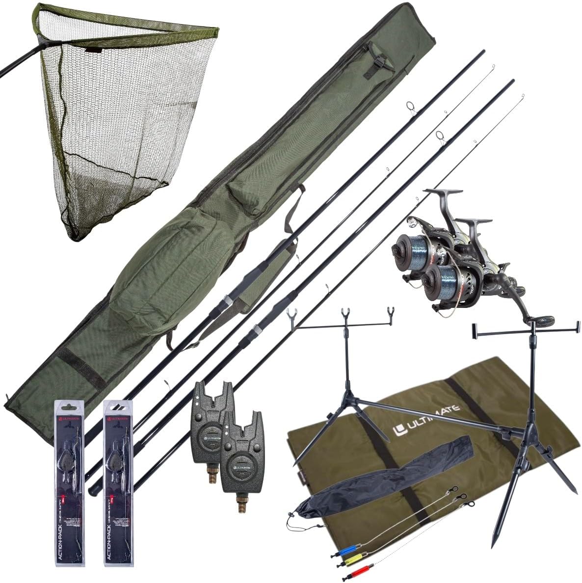 Ultimate Komplettes Karpfenset mit Ruten, Freilaufrollen, Rodpod, Bissanzeigern und End Tackle | Karpfenset
