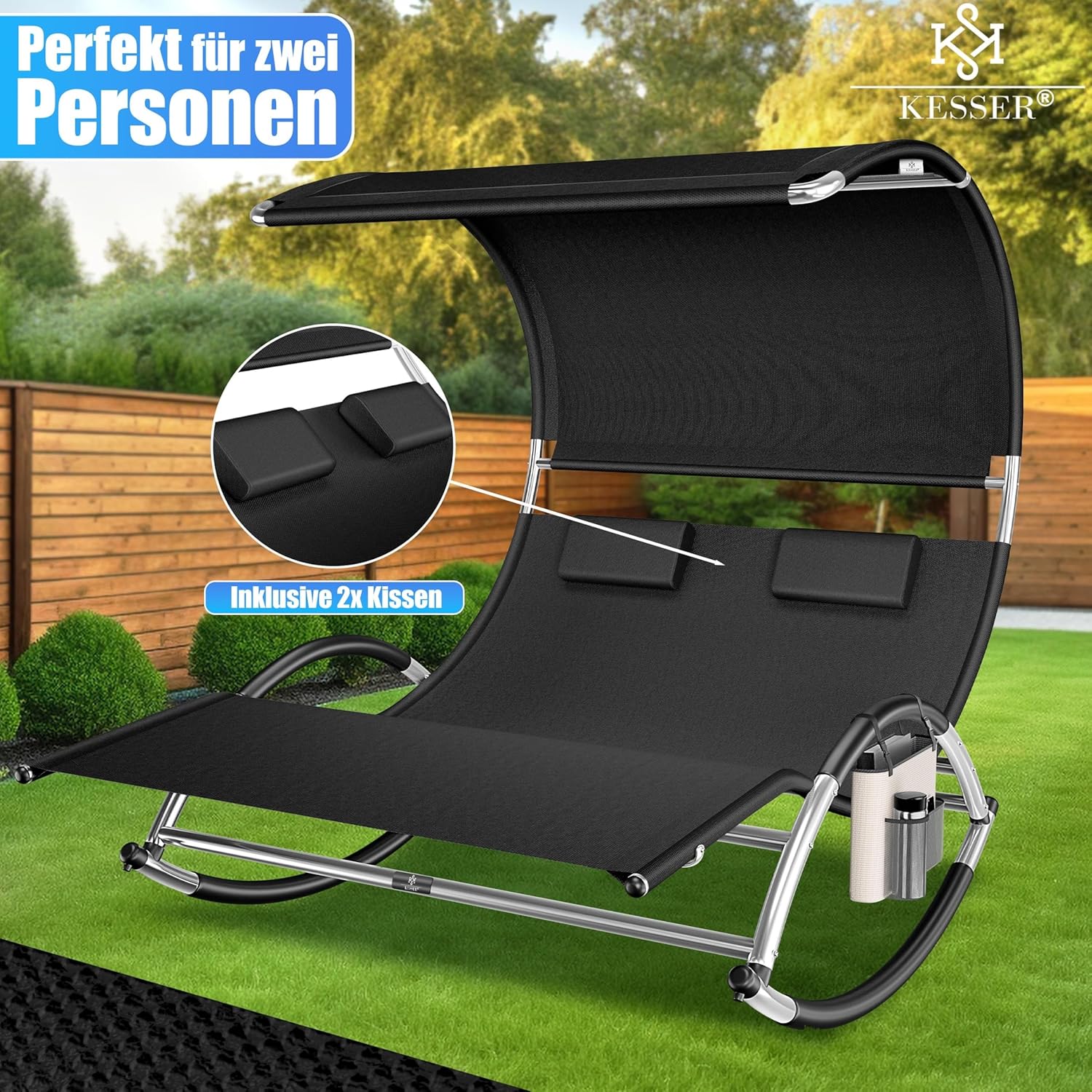KESSER® Doppel-Sonnenliege Doppelliege mit Sonnendach, Kopfkissen Tasche für 2 Personen, Relaxliege, Gartenliege, Schaukelliege ergonomische Liegefläche, 240 kg Belastung, Seitentasche, Schwarz