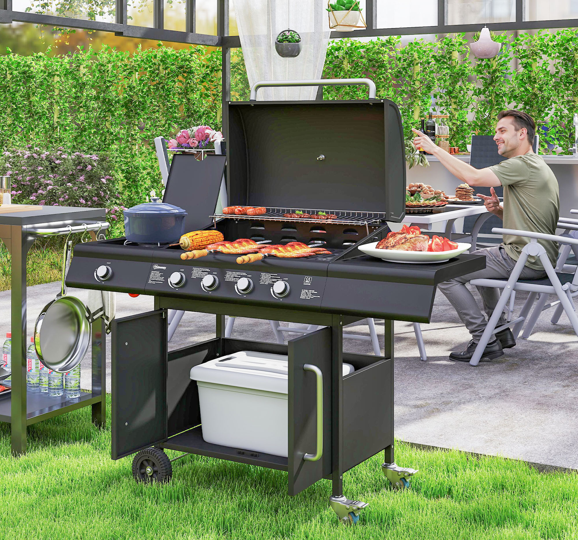 Outsunny Gasbarbecue 15,2 KW met 5 Roestvrij Stalen Branders en Zijbrander 129,5 x 56 x 110 cm Zwart