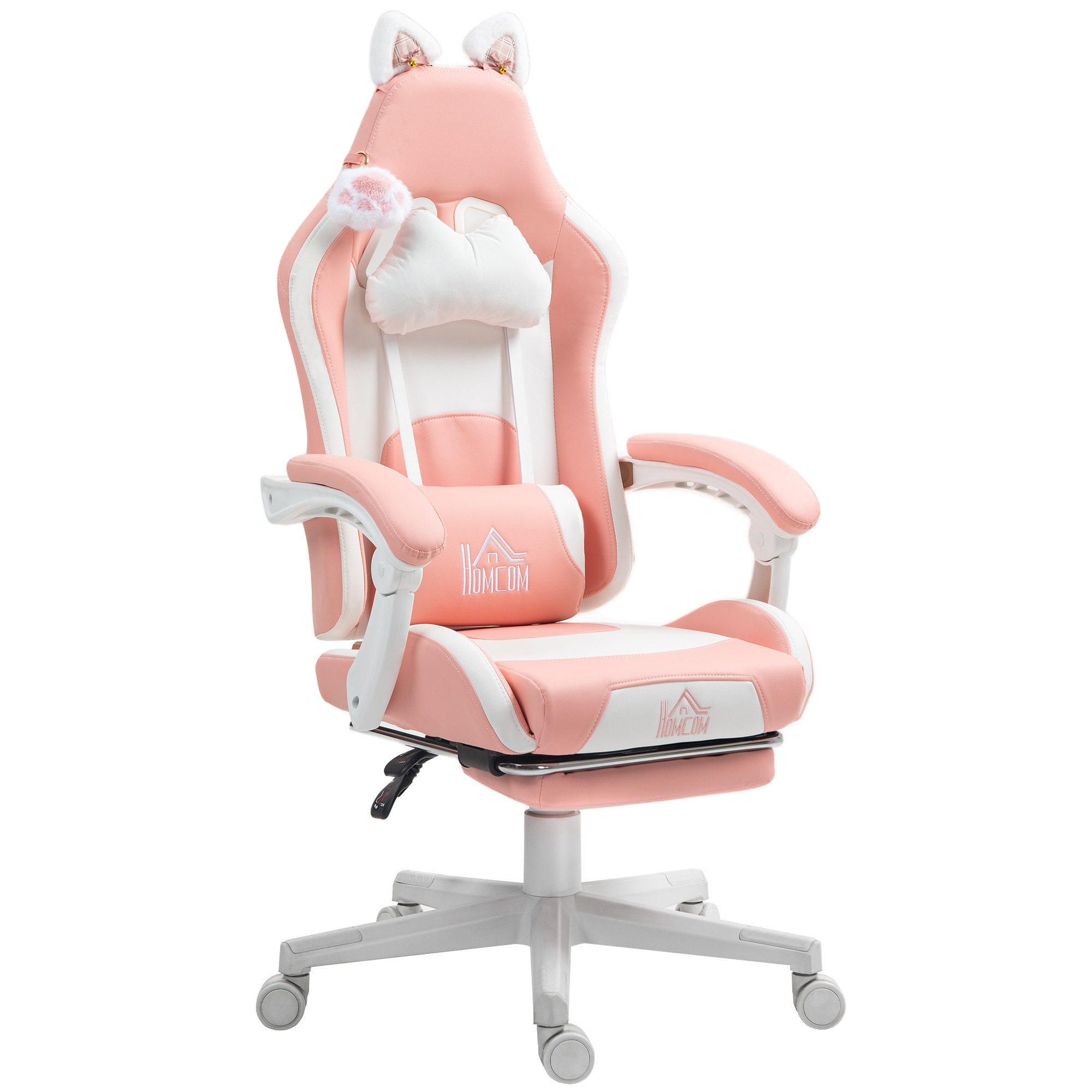 Gamingstoel met Kattenoren, Kantelbare Rugleuning, Uittrekbare Voetensteun, Tot 120 kg, Roze/Wit