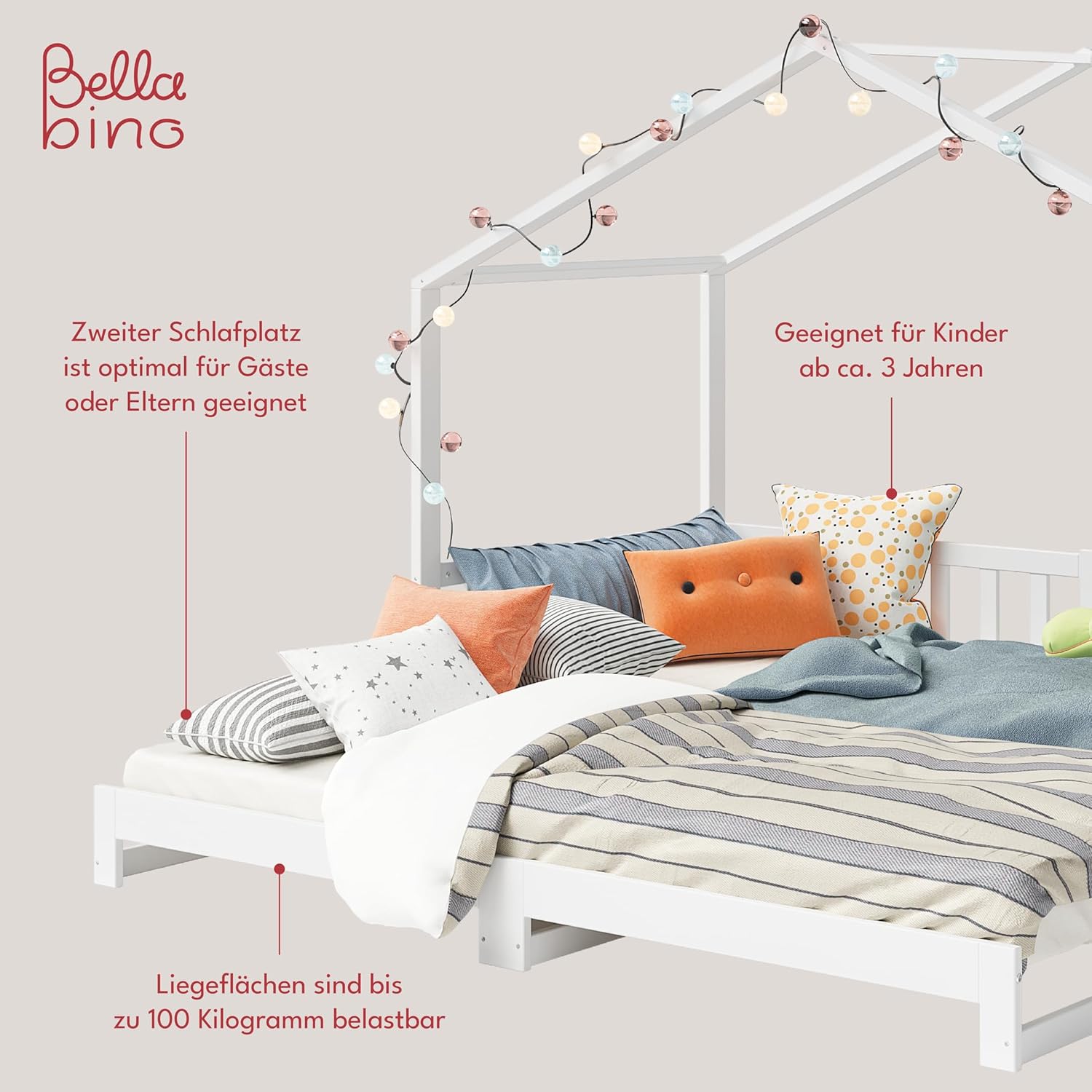 Bellabino Kinderbett Bia 140x200 cm, Hausbett Kinder inkl. Rausfallschutz und Rolllattenrost, Montessori Bodenbett weiß aus Massivholz Kiefer