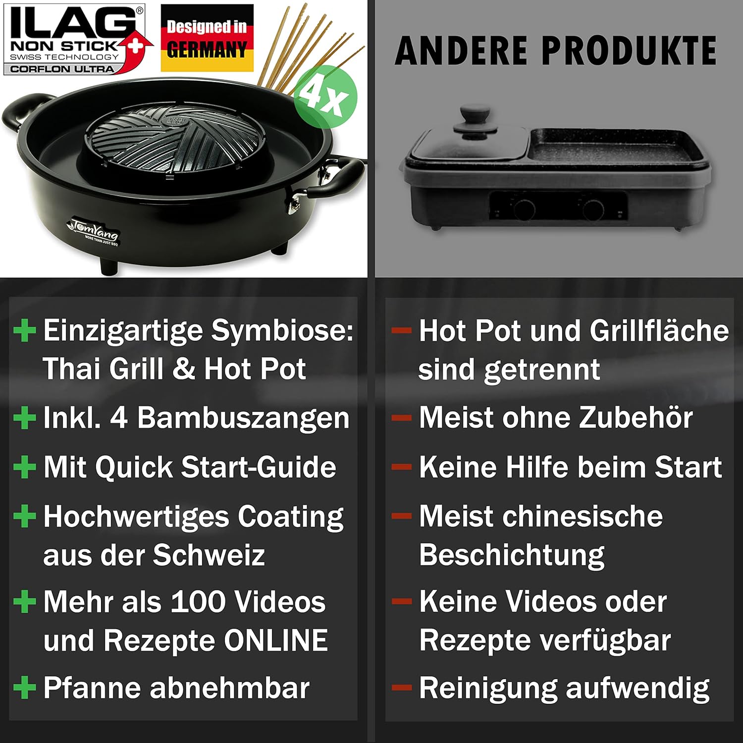 TomYang BBQ inkl. Premium Zubehör für 2 Personen - Original Thai Grill und Hot Pot. Die gesunde Schlankmacher-Küche aus Fernost als Tischgrill, Elektrogrill und Asia Fondue