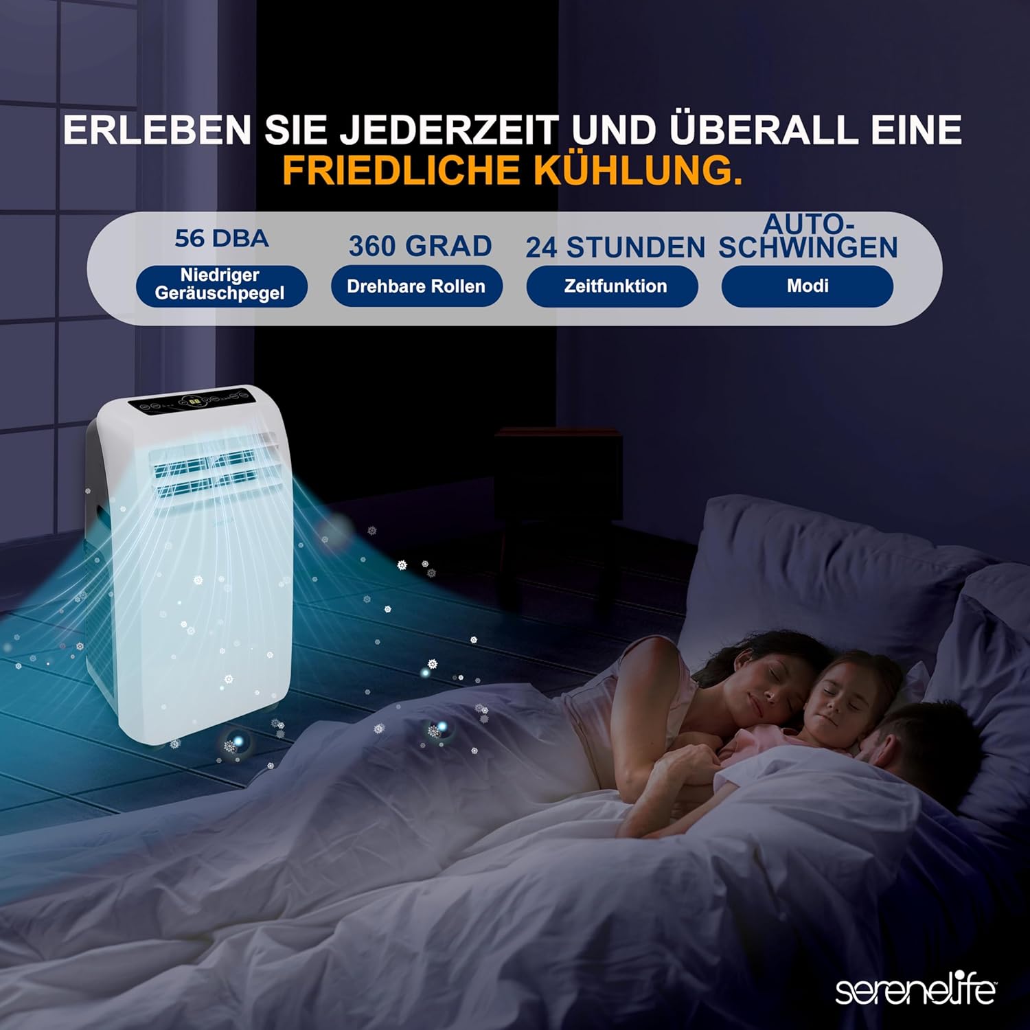 SereneLife Mini Klimaanlage mobil, 3-in-1 mobiles Klimagerät mit Abluftschlauch – Luftkühler, Luftentfeuchter & Ventilator, Air conditioner – 9.000 BTU, 1,5L Feuchtigkeit/Stunde, kühlt Räume bis 42 m2
