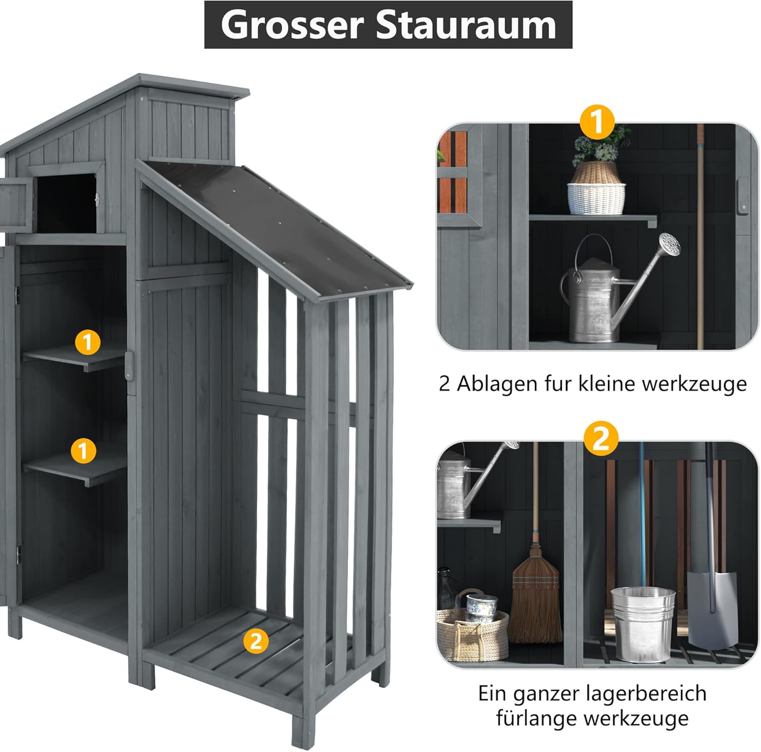 Su & Chan Legence Holzgerätehaus mit großem Stauraum, wetterfester Geräteschuppen mit Zwei Ablagen, vielseitiger Gartenschrank für Werkzeuge und mehr, 124 x 46 x 174 cm, Grau