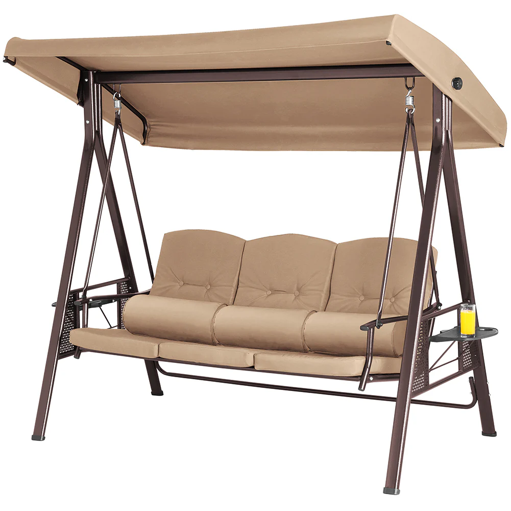 Dondolo Giardino Ibiza 3 Posti con Parasole Cuscini e Vassoi Pieghevoli Marrone