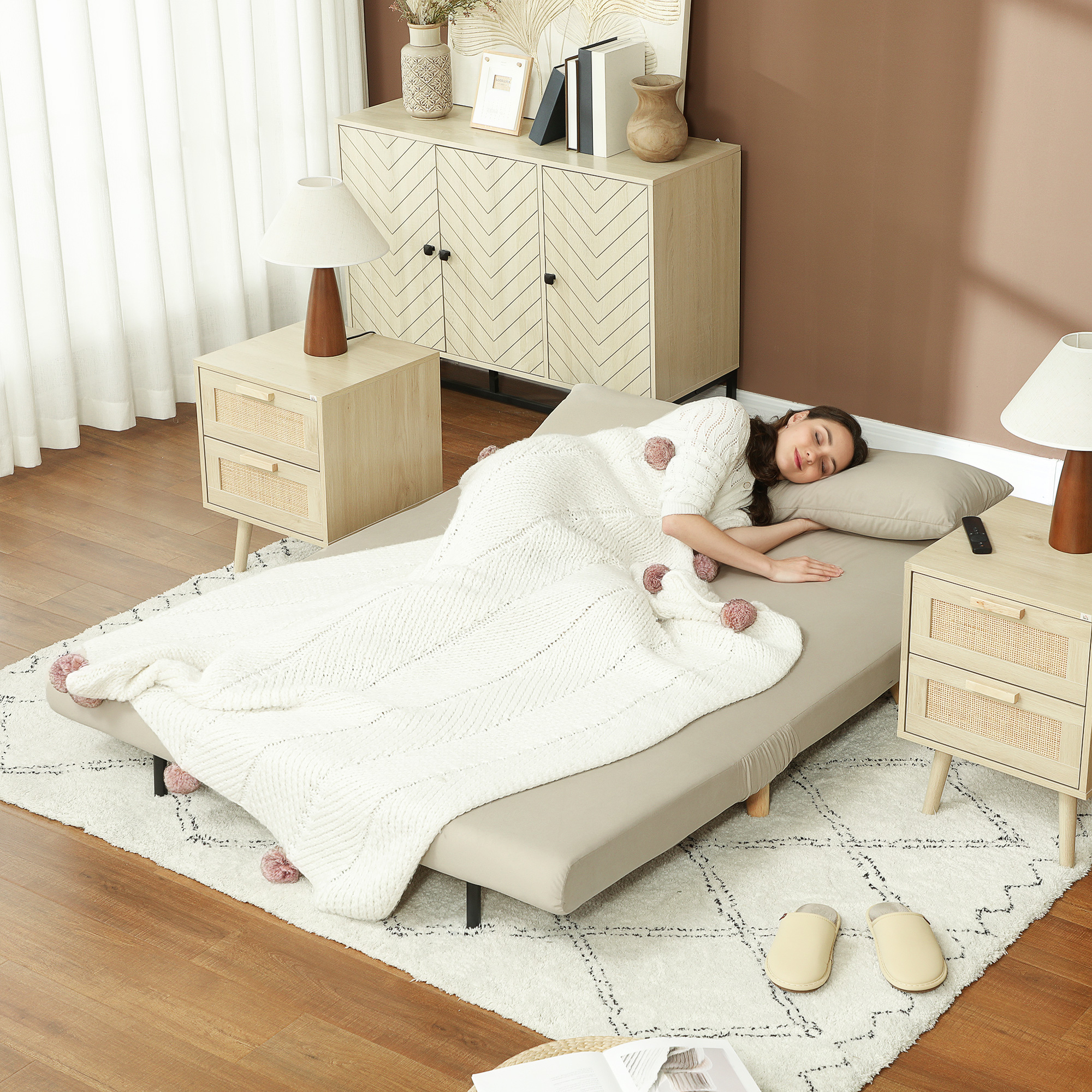 Slaapbank Relaxbank Sofa Couch, Incl. 2 Kussens, Fluweeloptiek, 130 x 78 x 79 cm, Beige
