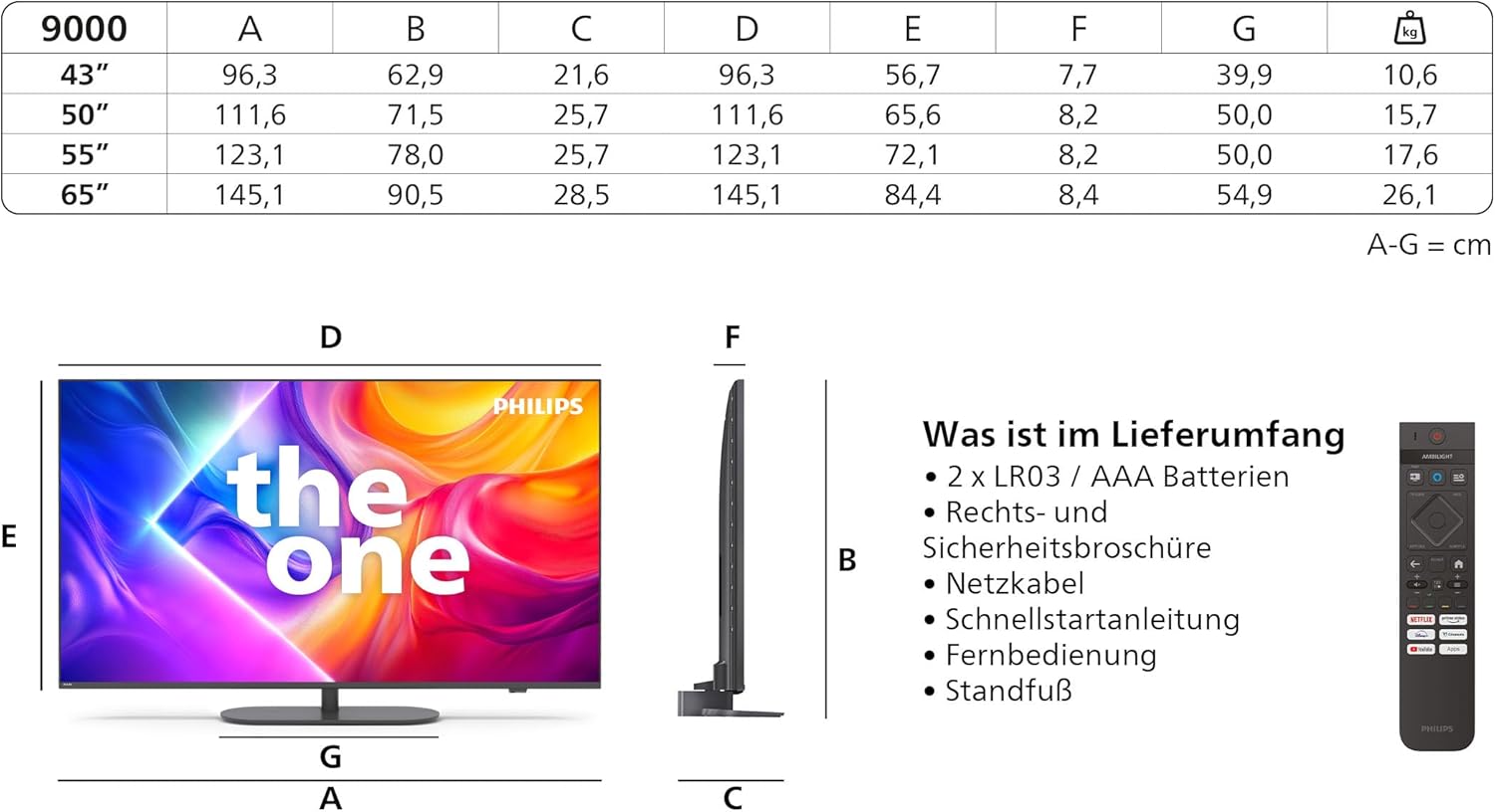 Philips Ambilight 'The One' 50PUS9000 4K QLED Smart TV - 50 Zoll Display mit P5 Perfect Picture Engine Ultra HD, Titan OS, Dolby Vision und Dolby Atmos Sound