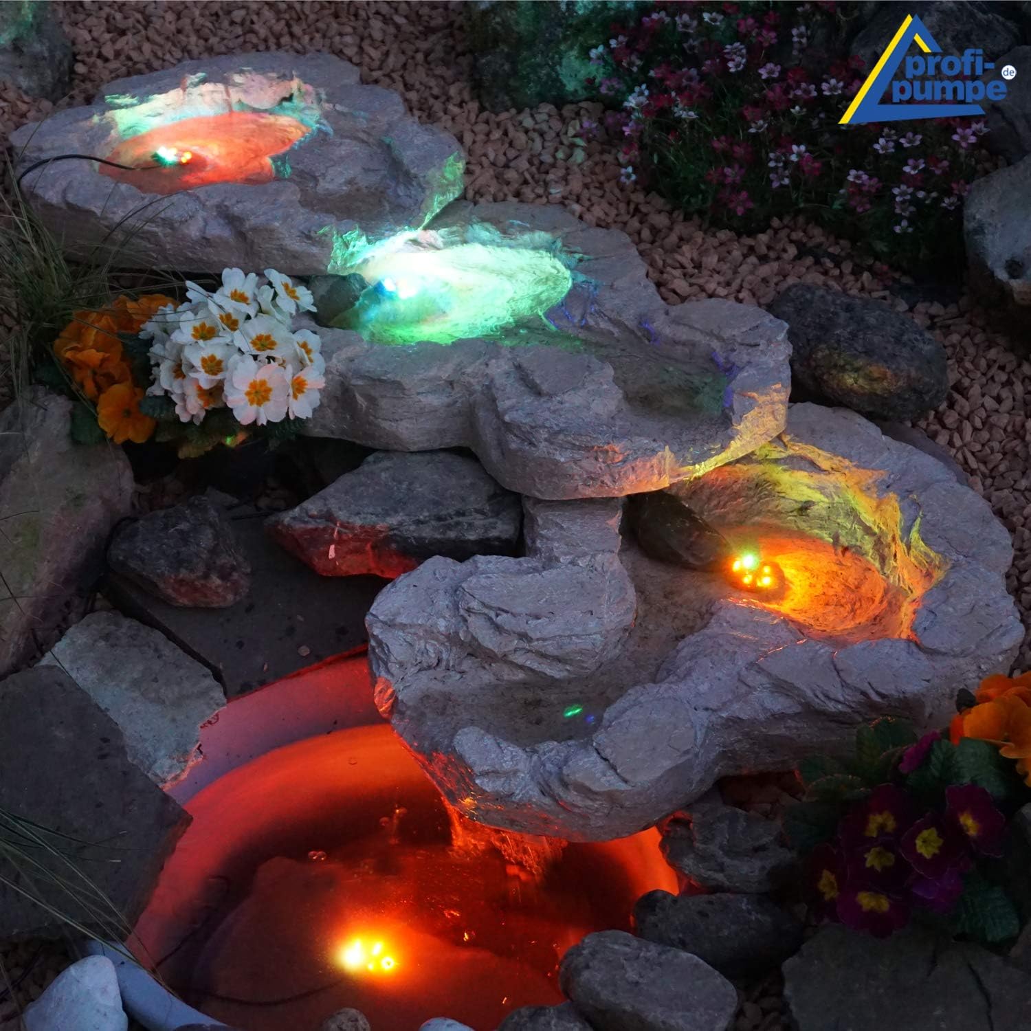 Solar GARTENBRUNNEN Bachlauf QUELLBACH II mit LED-Licht/Hybrid-System, 230V ZIERBRUNNEN VOGELBAD Wasserfall GARTENLEUCHTE TEICHPUMPE - SPRINGBRUNNEN WASSERSPIEL für Garten, Gartenteich, Teich