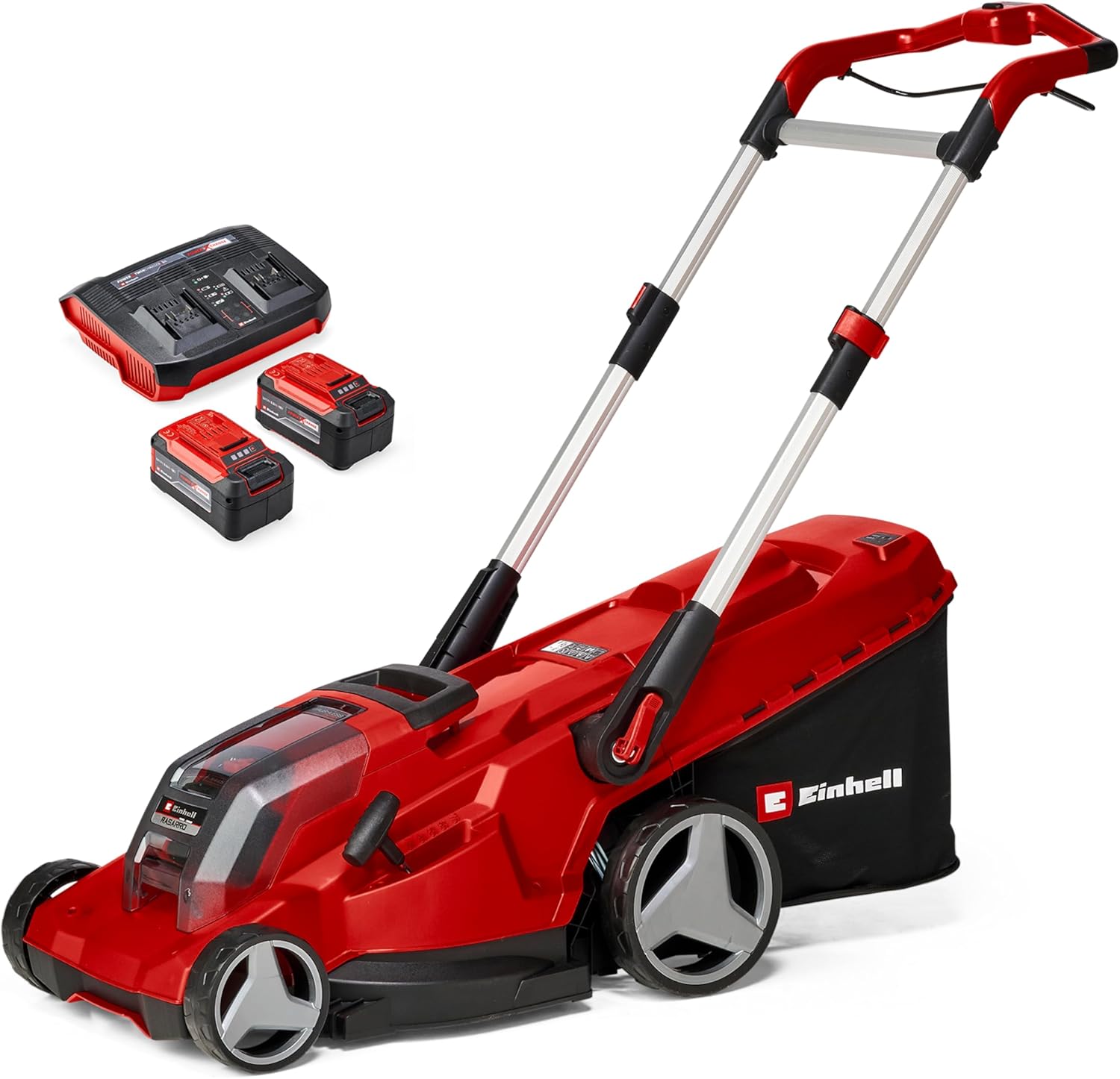 Einhell Akku-Rasenmäher RASARRO 36/42 Kit Power X-Change (36V, 42 cm Schnittbreite, bis 725 m2, Brushless, 50L Fangkorb, Mulchfunktion, inkl. 2X 5,2Ah + 1x Twincharger)