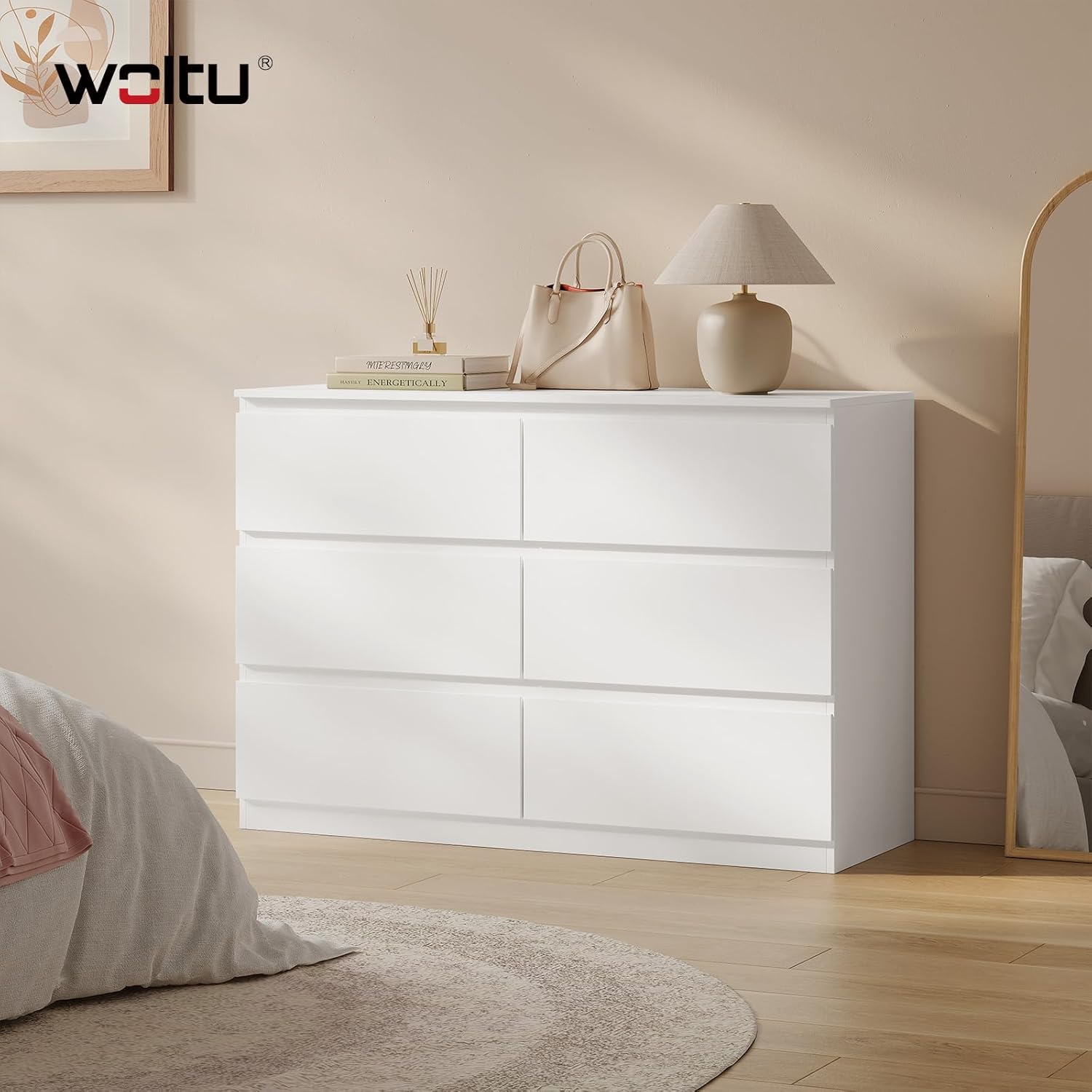 WOLTU Kommode mit 6 Schubladen, Moderner Schubladenschrank für Wohnzimmer, Schlafzimmer oder Flur, aus Holzwerkstoff, 100x69x36 cm, Weiß, KMD007ws