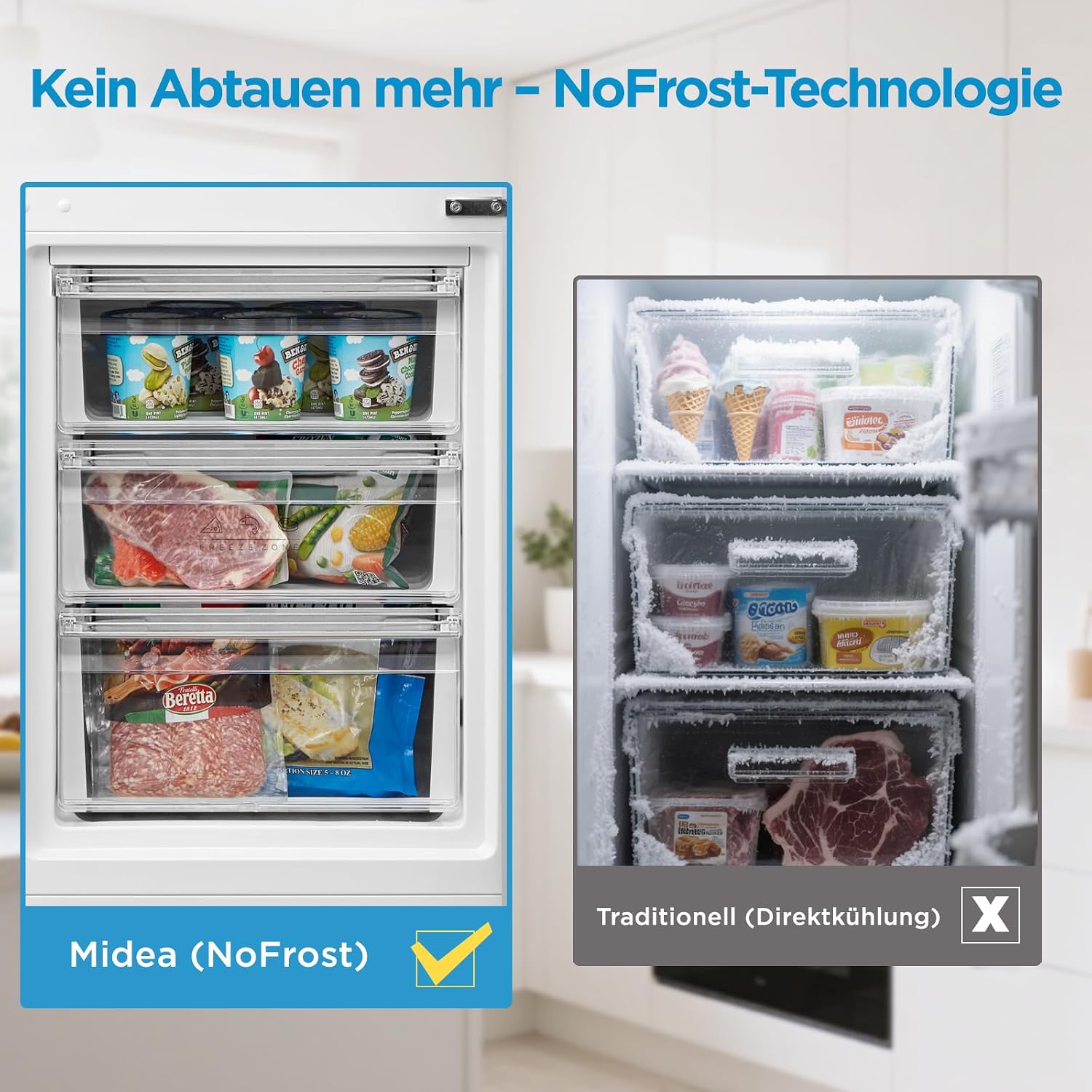 Midea Kühlschrank mit Gefrierfach MERB276FGE02A | 270L Kühl-Gefrierkombination (199L + 71L) | No Frost, All-Around Cooling | Doppelte Steuerung & Digital Control | Super-Kühl, LED | 180 cm, Edelstahl