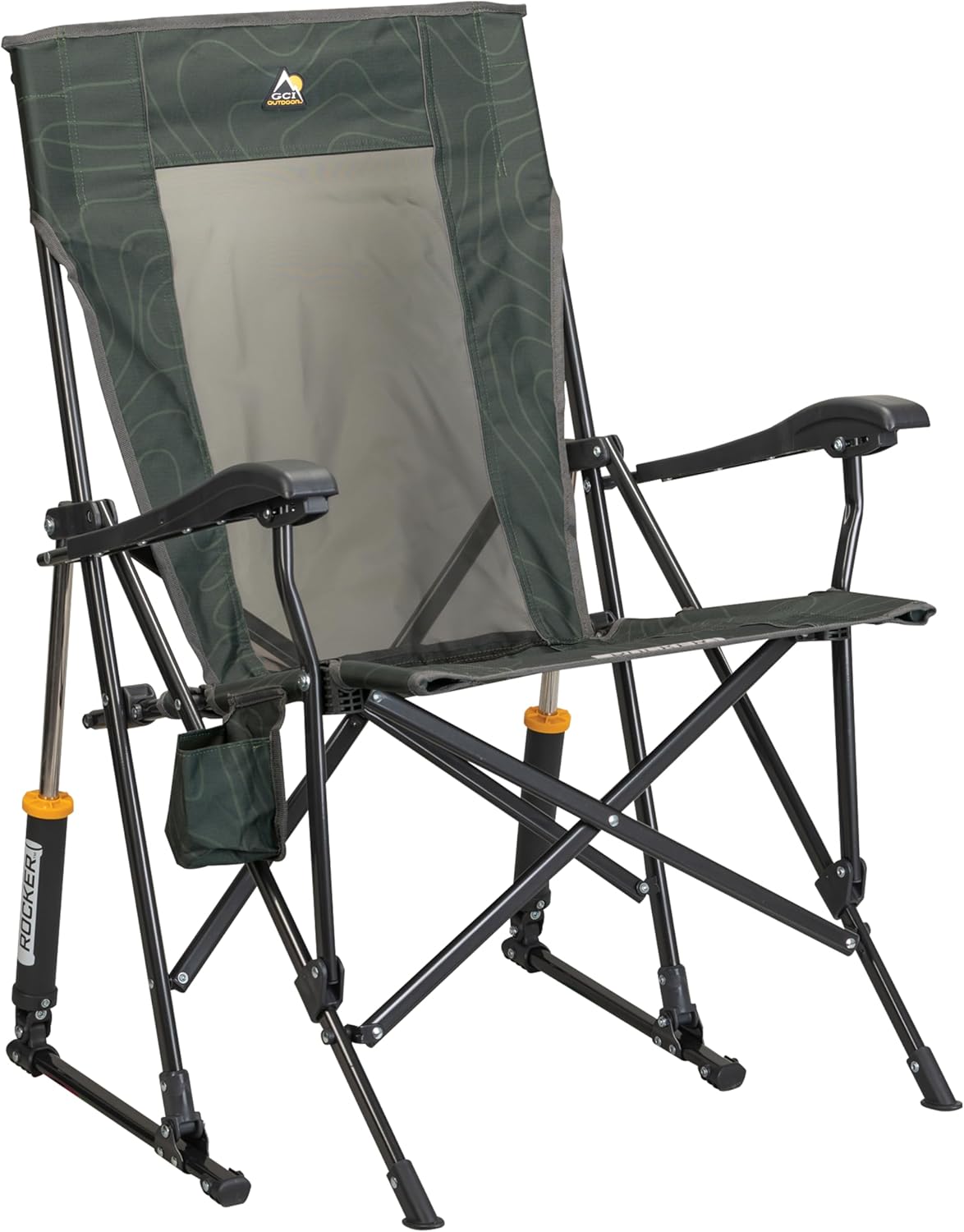 GCI Outdoor – Roadtrip Rocker – Faltbarer Campingstuhl mit patentierter Schaukelfunktion – Ideale Tischhöhe - hohe Sitzposition – bis 130kg belastbar – Tragetasche, Getränke- & Handyhalter – Hunter