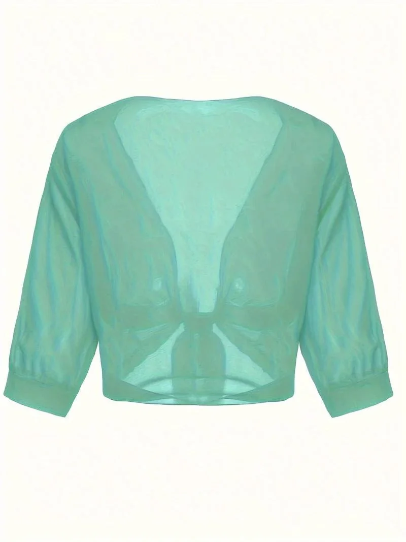 Transparente Damen-Bluse mit Bindeknoten und 3/4-?rmeln