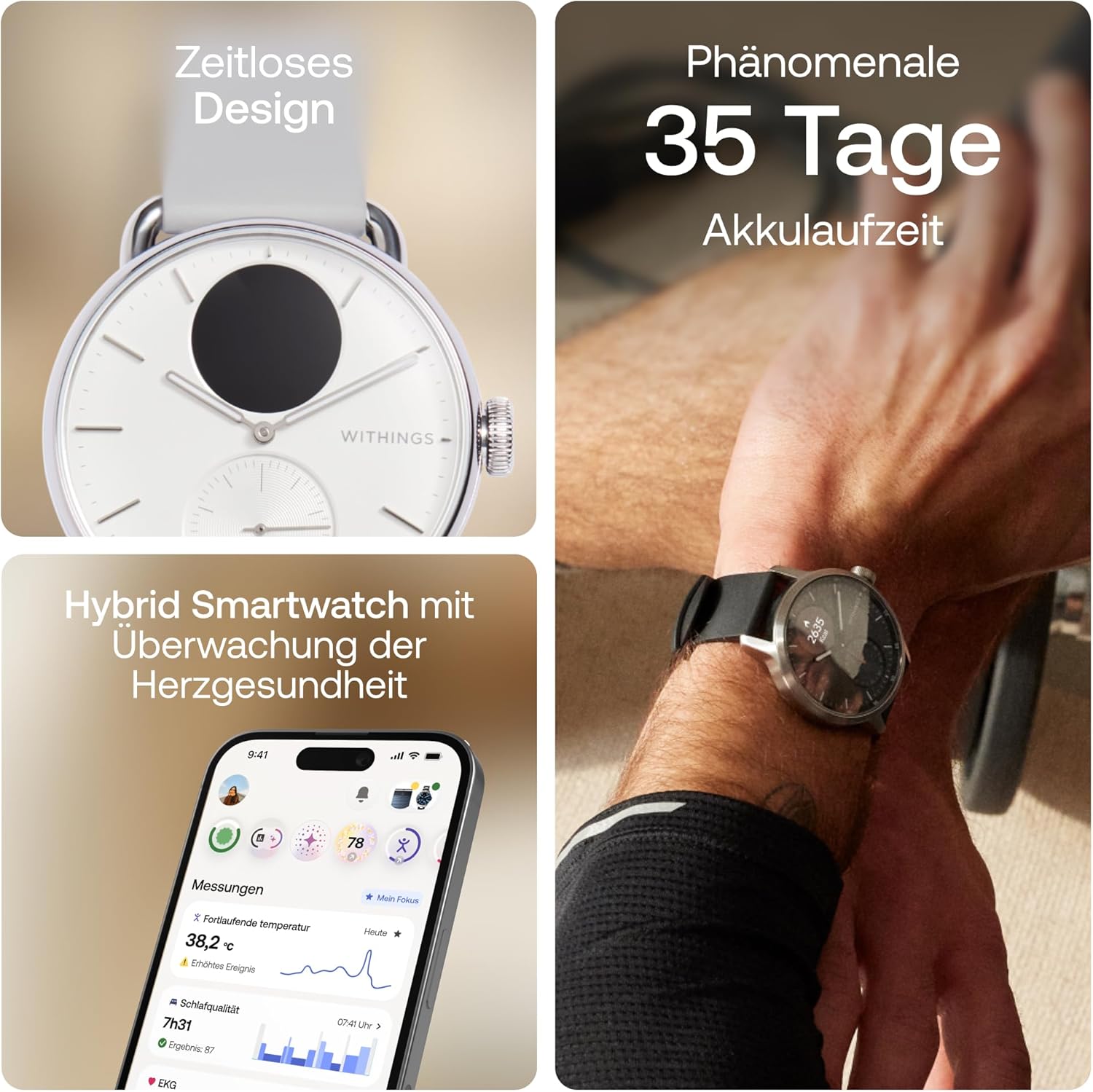WITHINGS ScanWatch 2 - Connected Healthwatch, Herren Damen, EKG Elektrokardiogramm, SpO2, Temperatur, Schlaftracking, Atemwegsgesundheit, Aktivitäten, Kalorien, Wasserdicht, 30Tage Akku, Android iOS