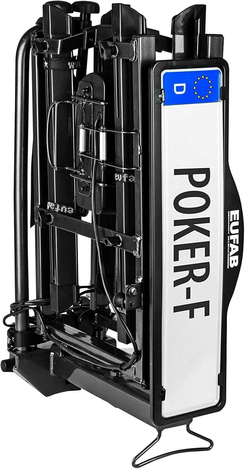 EUFAB 12010LAS Fahrradträger POKER-F, E-Bike geeignet, komplett vormontiert, Diebstahlschutz, für 2 Fahrräder, für Anhängerkupplung, Schwarz, 142 x 70 x 58 cm