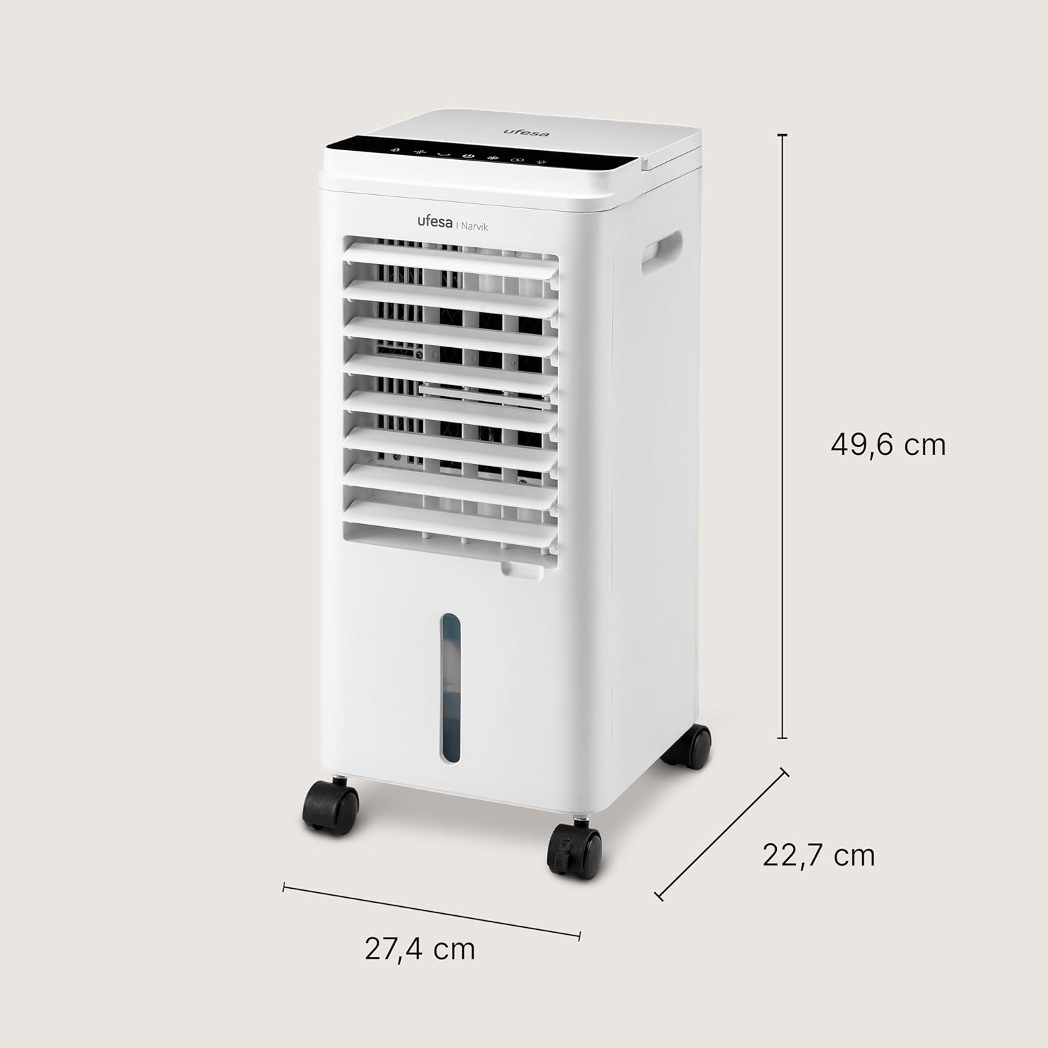 Ufesa Narvik Verdunstungskühler, 65W, Kühlfunktion und Ventilator, 3 Geschwindigkeiten, 3 Modi, Touchpanel, 5L Wassertank, 12h Timer, Waschbarer Filter, 2 Kühlakkus, Fernbedienung