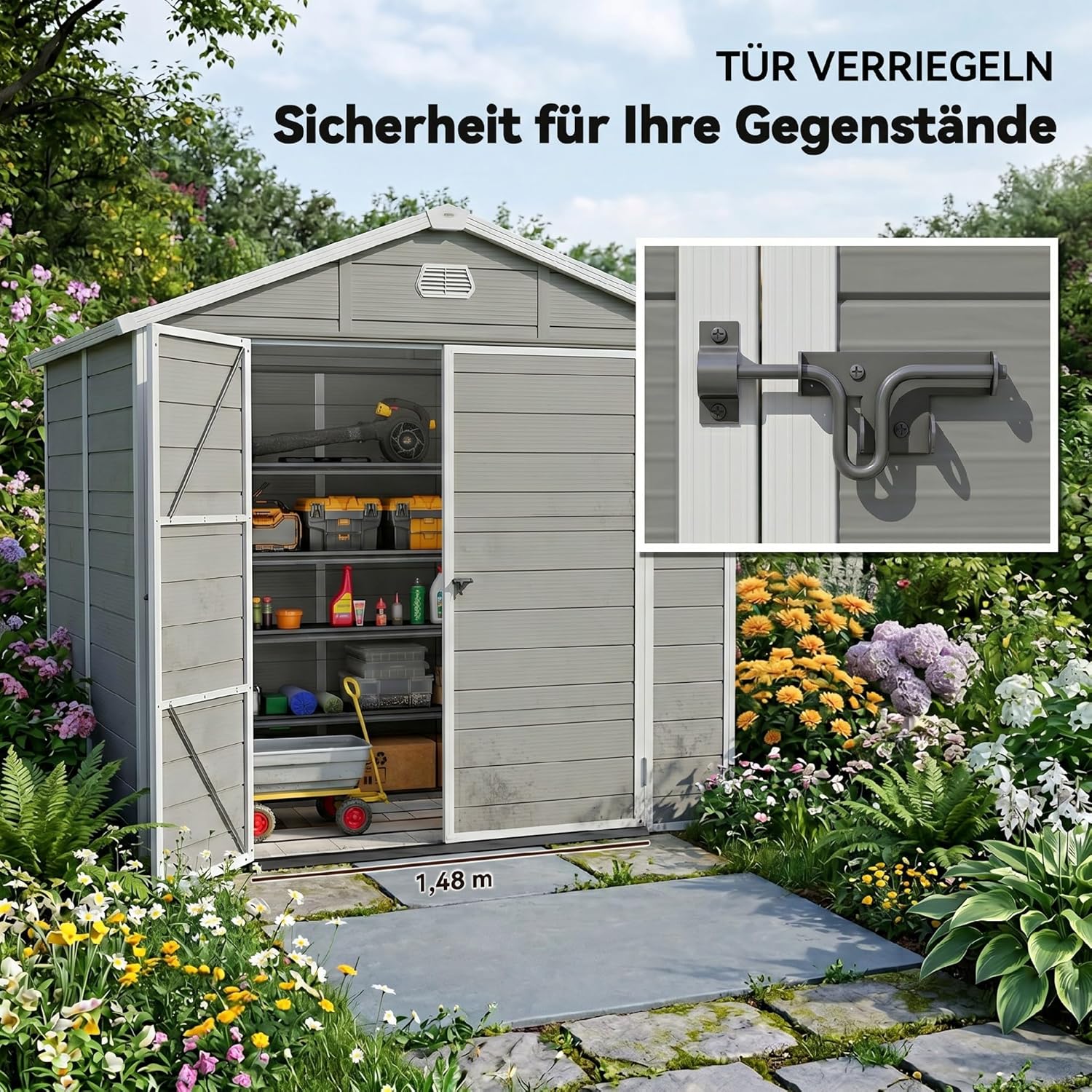Outsunny Gerätehaus 4,1m² Geräteschuppen mit Satteldach, Kunststoff Gartenchuppen mit abschließbarer Tür, Belüftungsöffnung, Fenster und Fundament, Gartenhaus für Garten, 240 x 190 x 228 cm Hellgrau