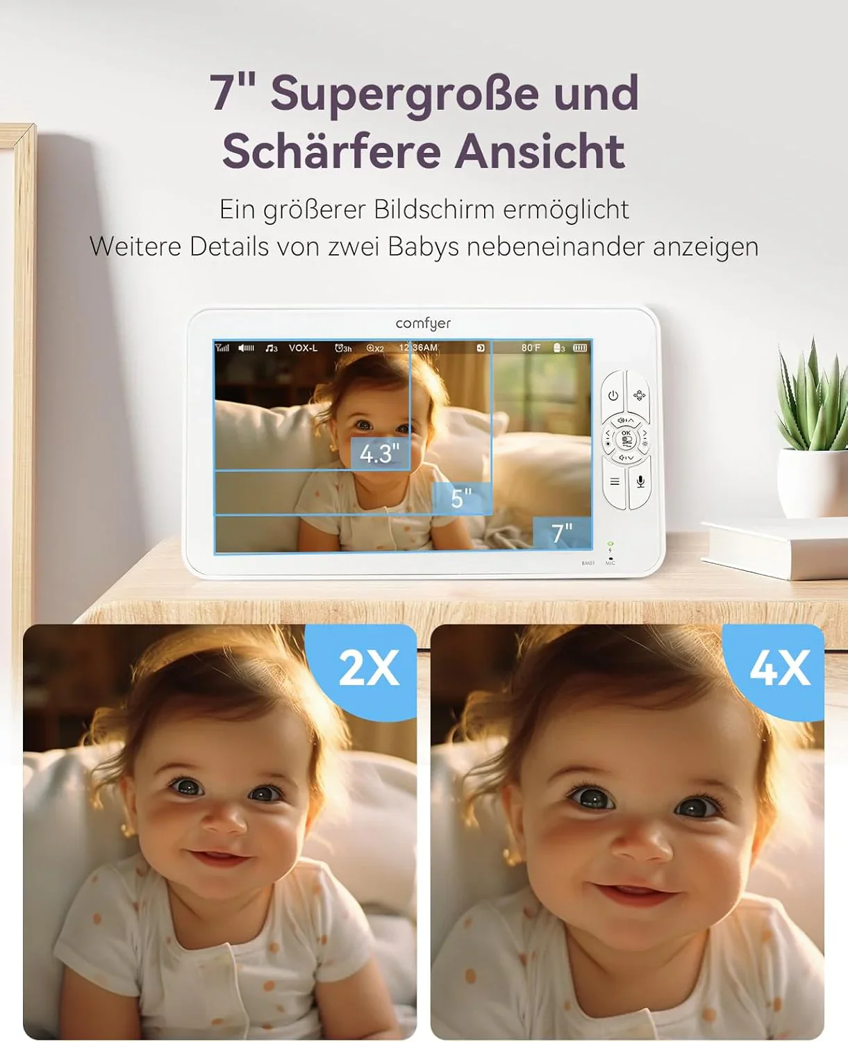 Comfyer Split-Screen Babyphone mit 2 Kameras, 7 HD 720P Video Babyphone ohne WLAN mit Halterung, IR-Nachtsicht Weitwinkelobjektiv Vox-Modus 2-Wege-Audio 960 Fu? Reichweite Video��berwachungsger?te