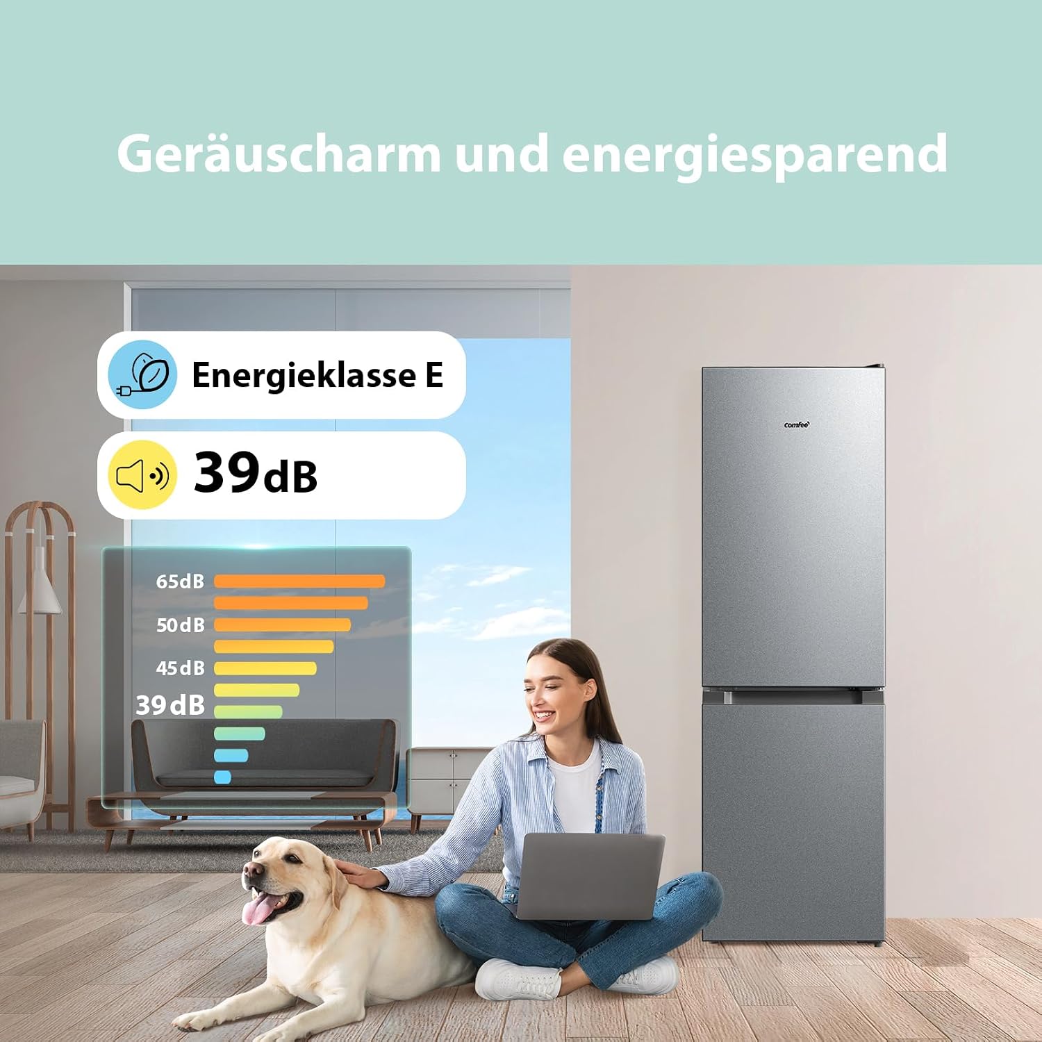 Comfee‘ Kühlschrank mit Gefrierfach 174L, Höhe 150cm, Kühl-Gefrierkombination-115L Kühlteil, 59L 4 Sterne Gefrieren -24℃, LED-Licht, Low Frost für kleine Wohnungen, Büros, RCB169DS2(E) Silber
