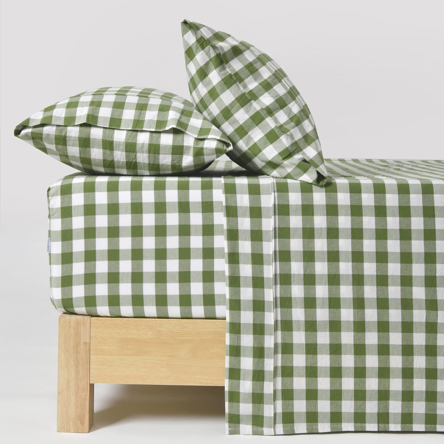 Dreamaker Queen Sheet Set - Olive Gingham Cotton, Breathable & Soft Oeko-TEX Certified Bedding