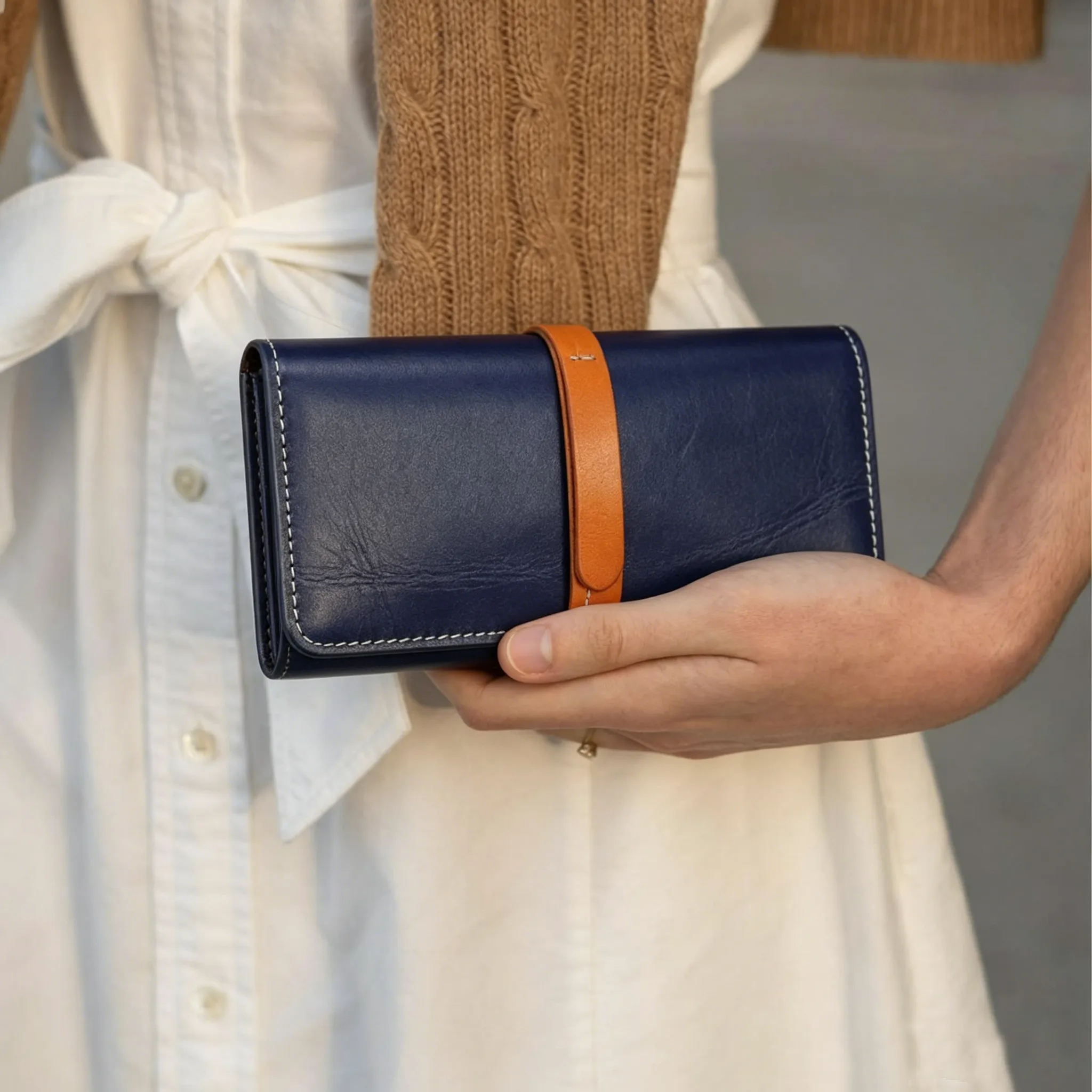 Handmade Full Grain Leather Long Wallet with Strap Bifold Card Clutch Bag