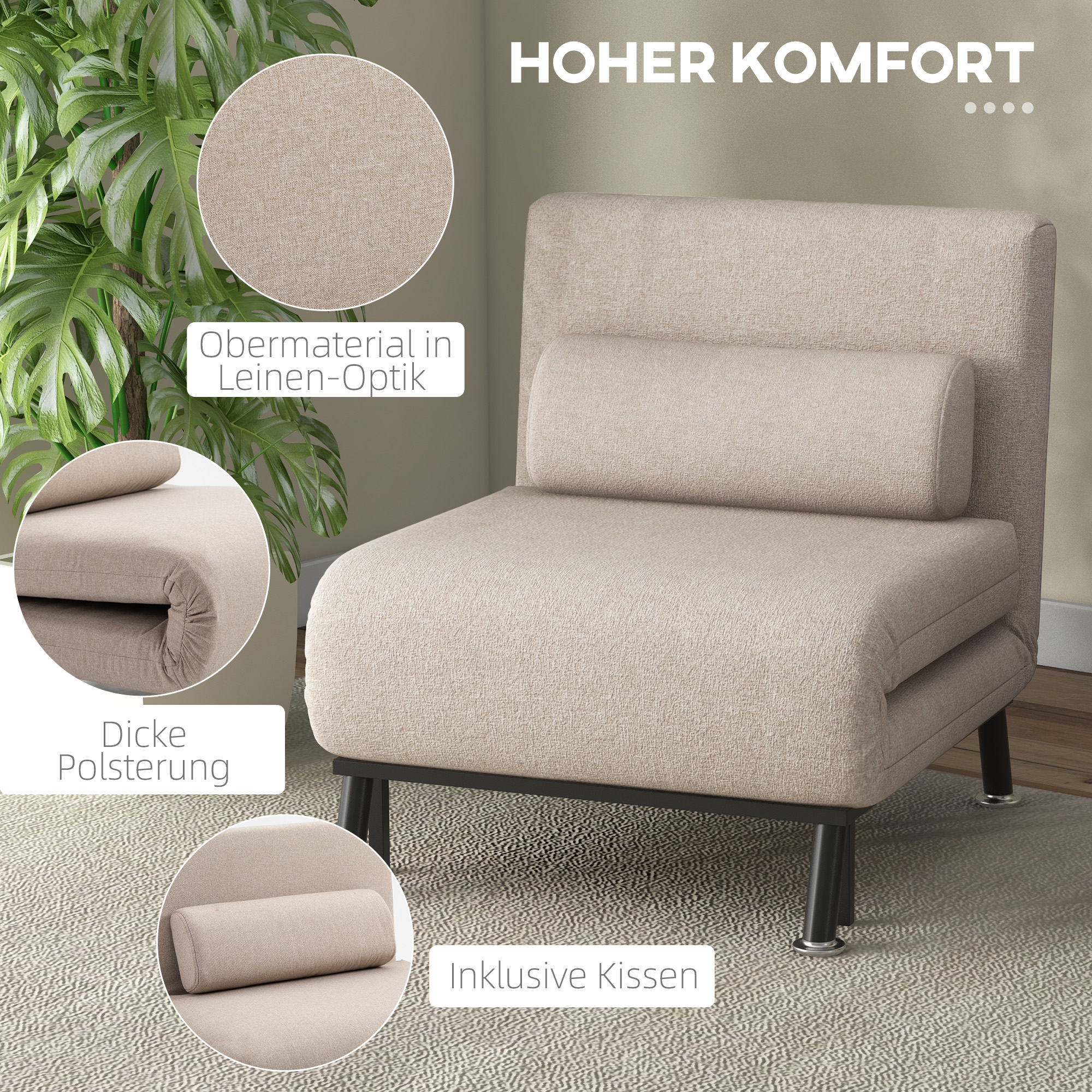 Opklapbare Stoel met Slaapfunctie, Opvouwbare Relaxstoel in Linnenlook, Verstelbare Rugleuning, 75 x 70 x 75 cm, Beige