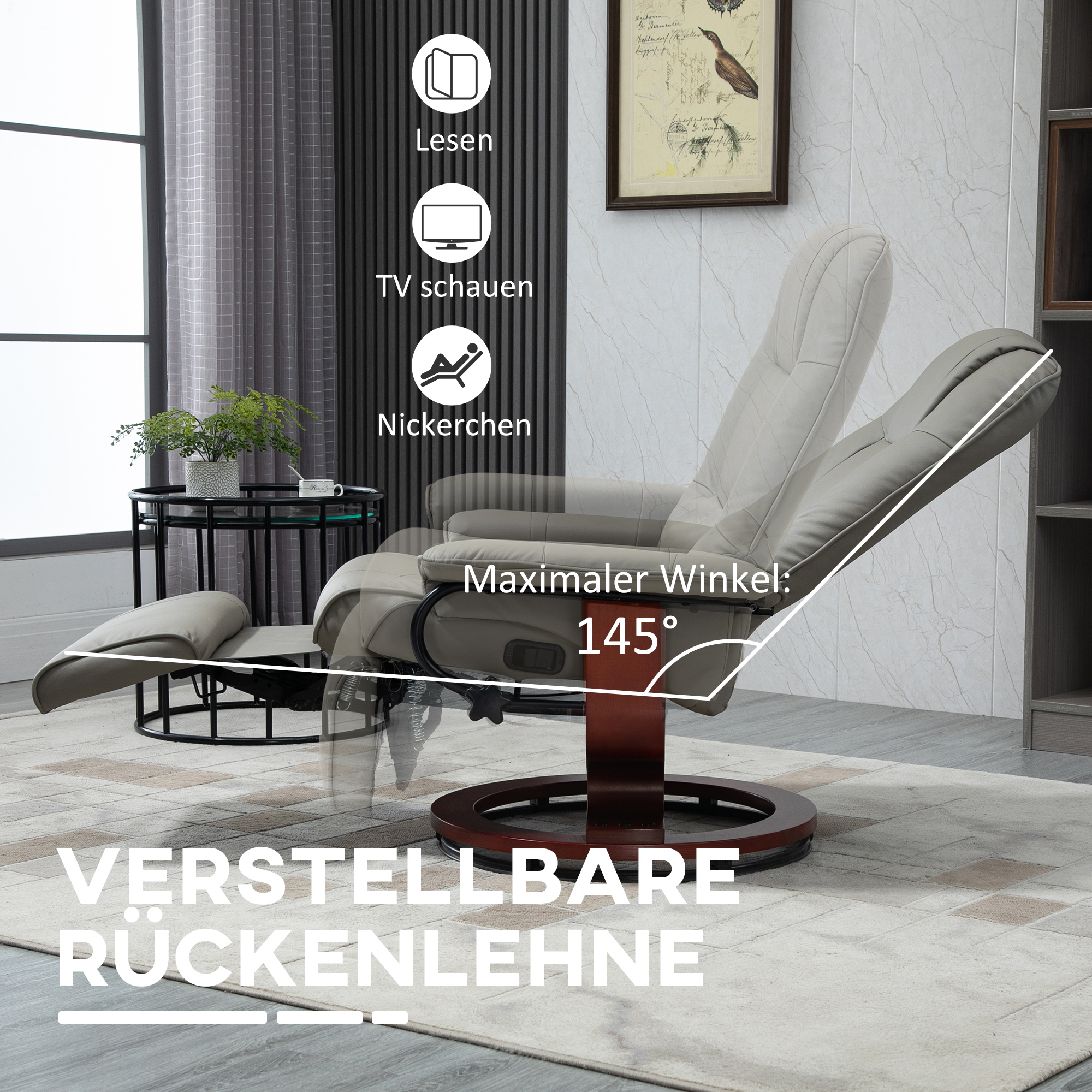 Relaxstoel Televisiestoel Ligstoel Kunstleder 360�� Draaistoel 145�� Kantelbaar Grijs 78 x 87 x 100 cm