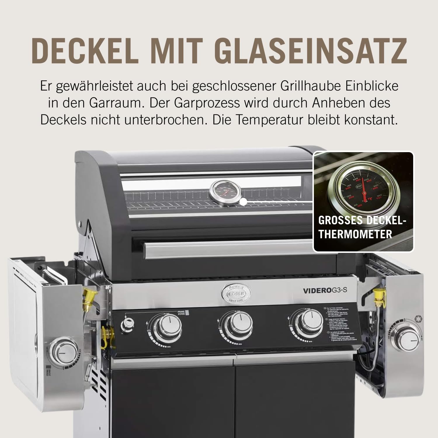 RÖSLE Elektrogrill BBQ-Portable Videro E2-P, tragbarer Tischgrill mit 2 Brennern, Warmhalterost und Deckel mit Glaseinsatz, pulverbeschichteter Stahl, schwarz/silbern