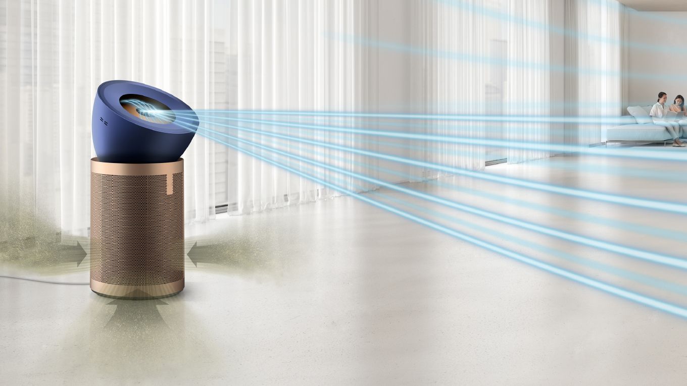 Purificateur Dyson Big+Quiet projetant de l&rsquo;air toute une grande pi&egrave;ce.