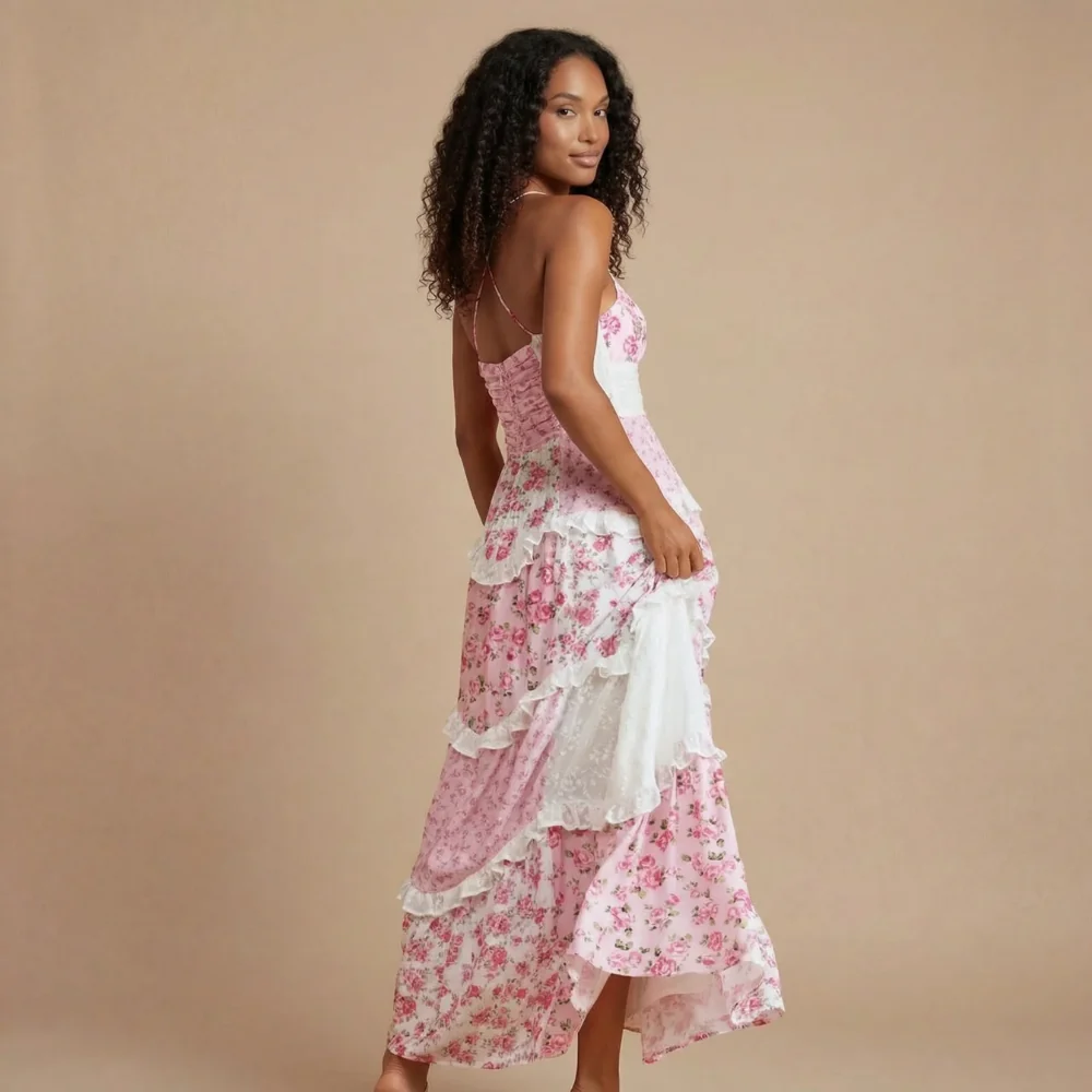 Damen Maxi-Kleid mit Blumenmuster und V-Ausschnitt f��r Hochzeitsg?ste