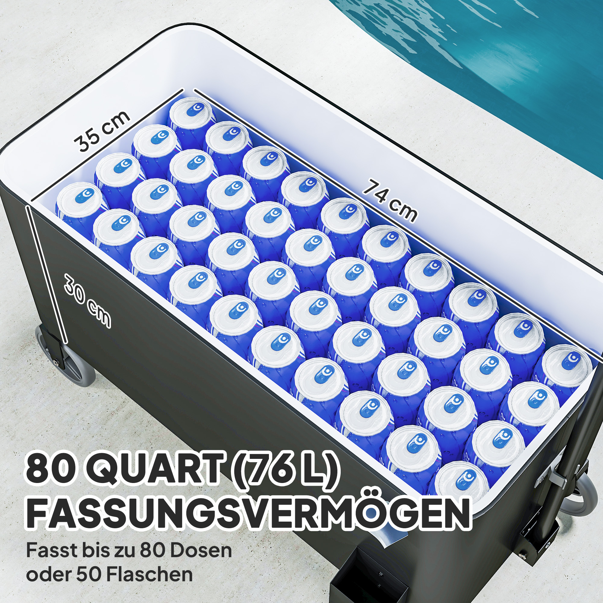 76L Koelwagen Serveerwagen met Wielen, Flessenopener, Deksel, Grepen, Verrijdbare Koelbox Zwart