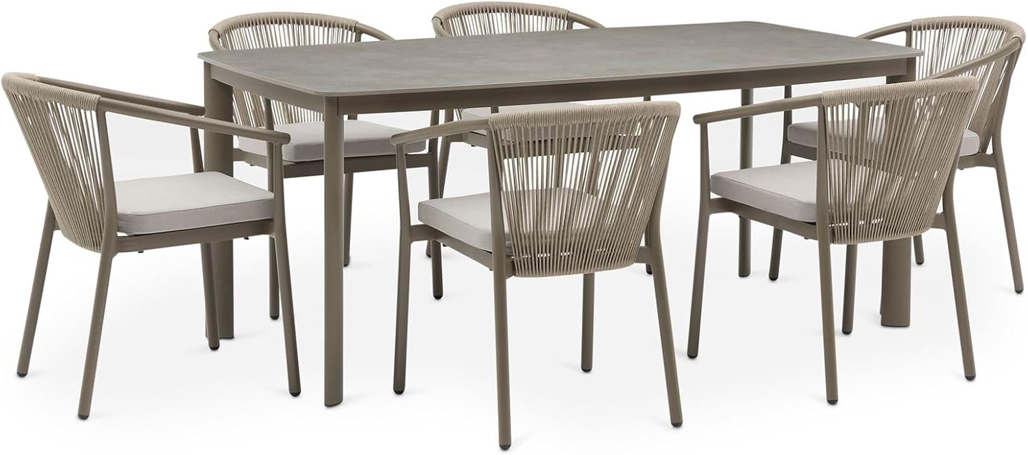 IDIMEX Gartenmöbel Set TAVOLO mit 6 Stühlen und Tisch, Champagner - 180x90 cm Gartentisch mit Keramik- Platte, Outdoor Essgruppe, Stühle mit Rope Bespannung, wetterfest für Garten Terrasse & Balkon