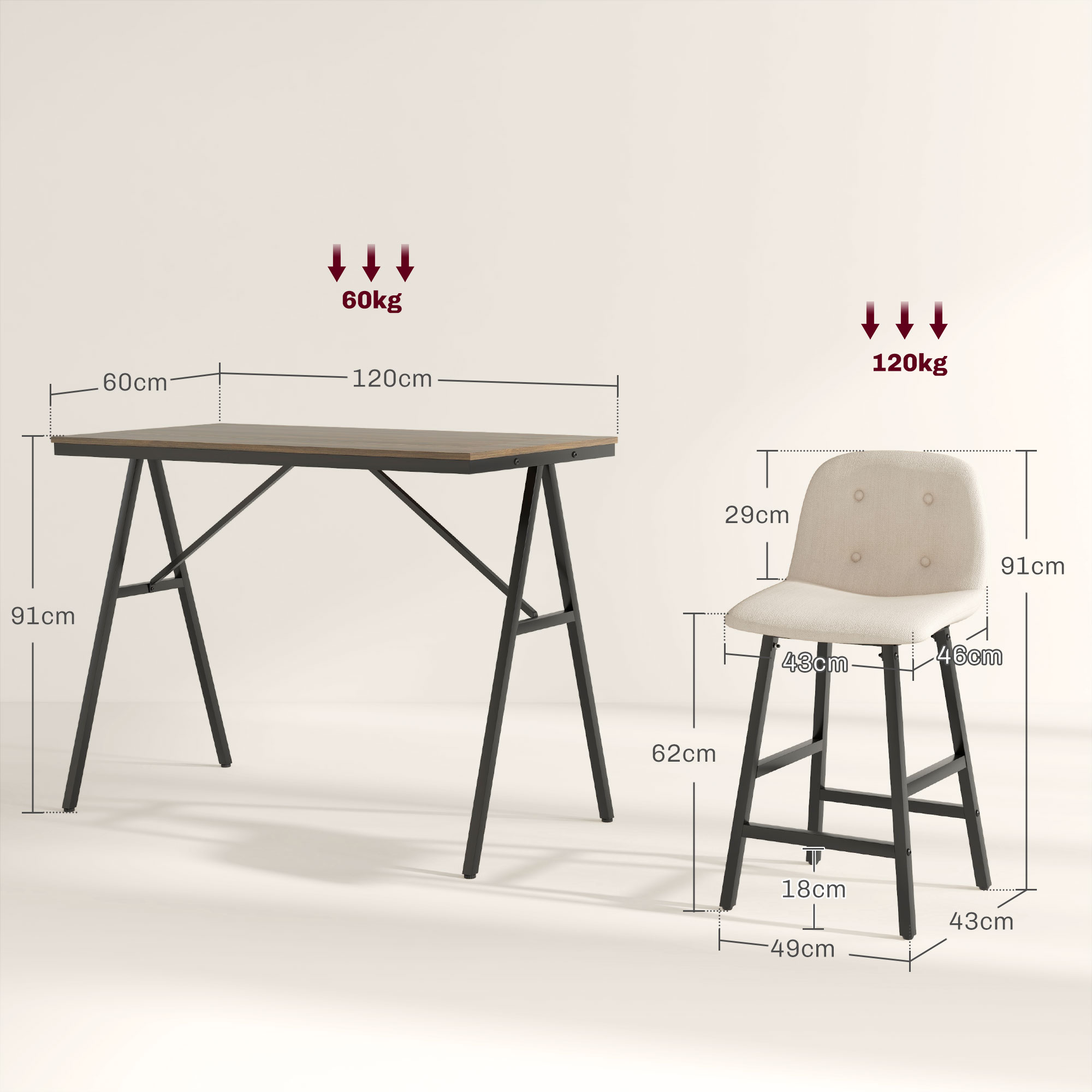 5-delige Bargarnituur, Tafel en 4 Stoelen, Knoopstiksel, Dikke Bekleding, Linnenlook, Beige