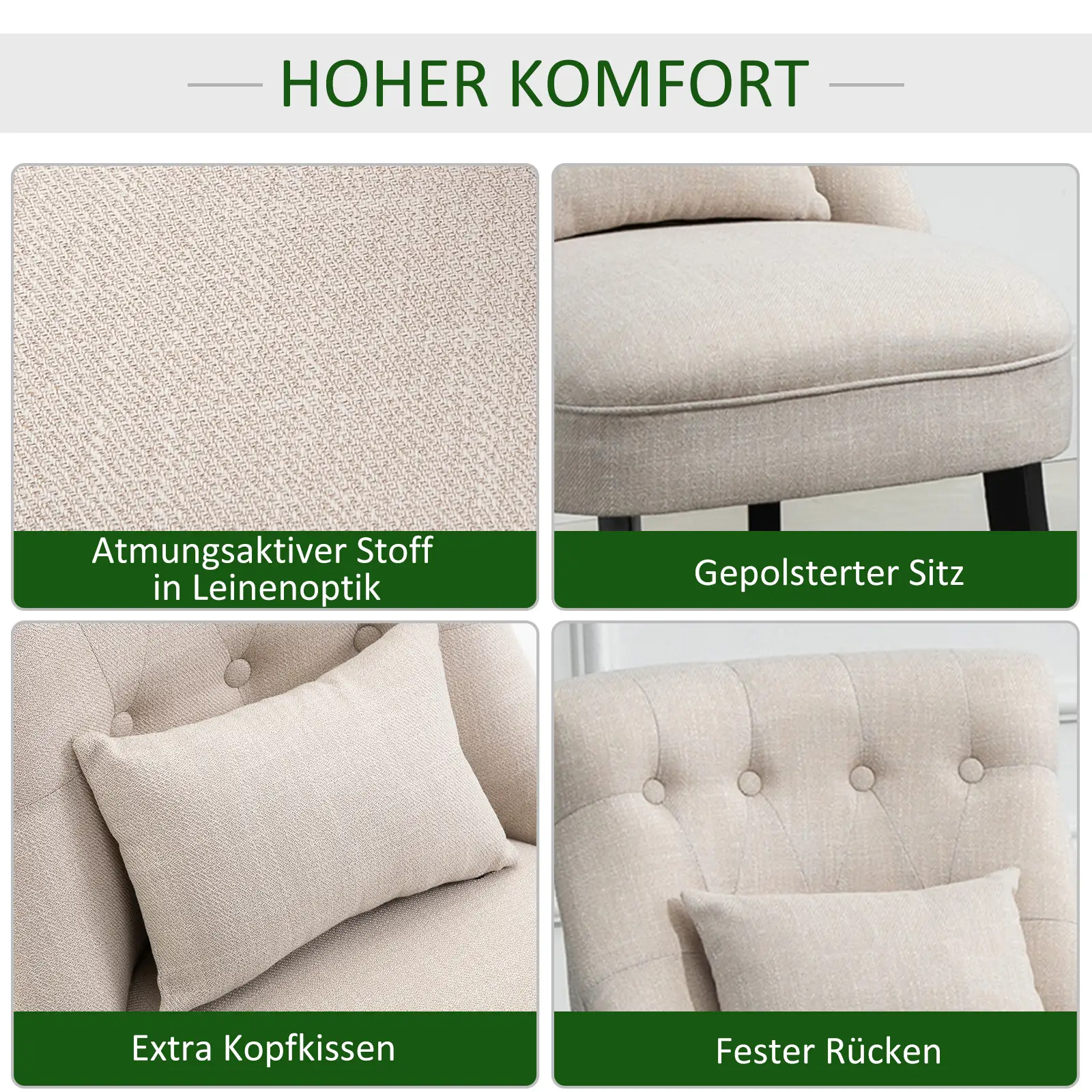 HOMCOM Relaxsessel mit Rückenkissen & Holzbeinen – Cremeweiß