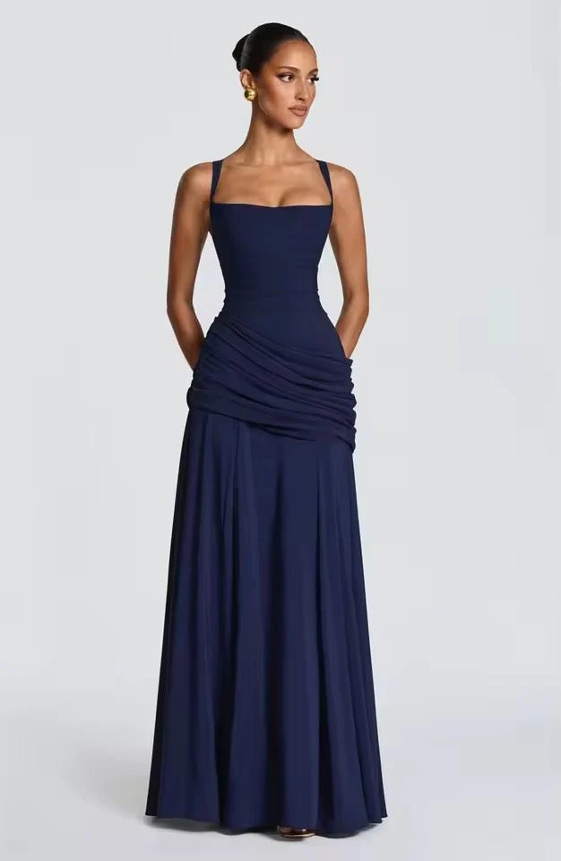 Maxikleid Damen f��r Hochzeitsg?ste | Elegantes Viskose Kleid mit Raffung und Herzausschnitt | Bodenlanges Abendkleid