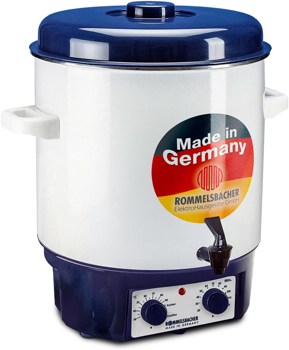 ROMMELSBACHER Glühwein-/Einkochvollautomat KA 1804, MADE IN GERMANY, 2-Schicht-Emaillierung, 27 Liter/für 14 Gläser à 1 Liter, stufenlos regelbar, Entsafterschaltung, Zeitschaltuhr, Ablaufhahn, 1800 W