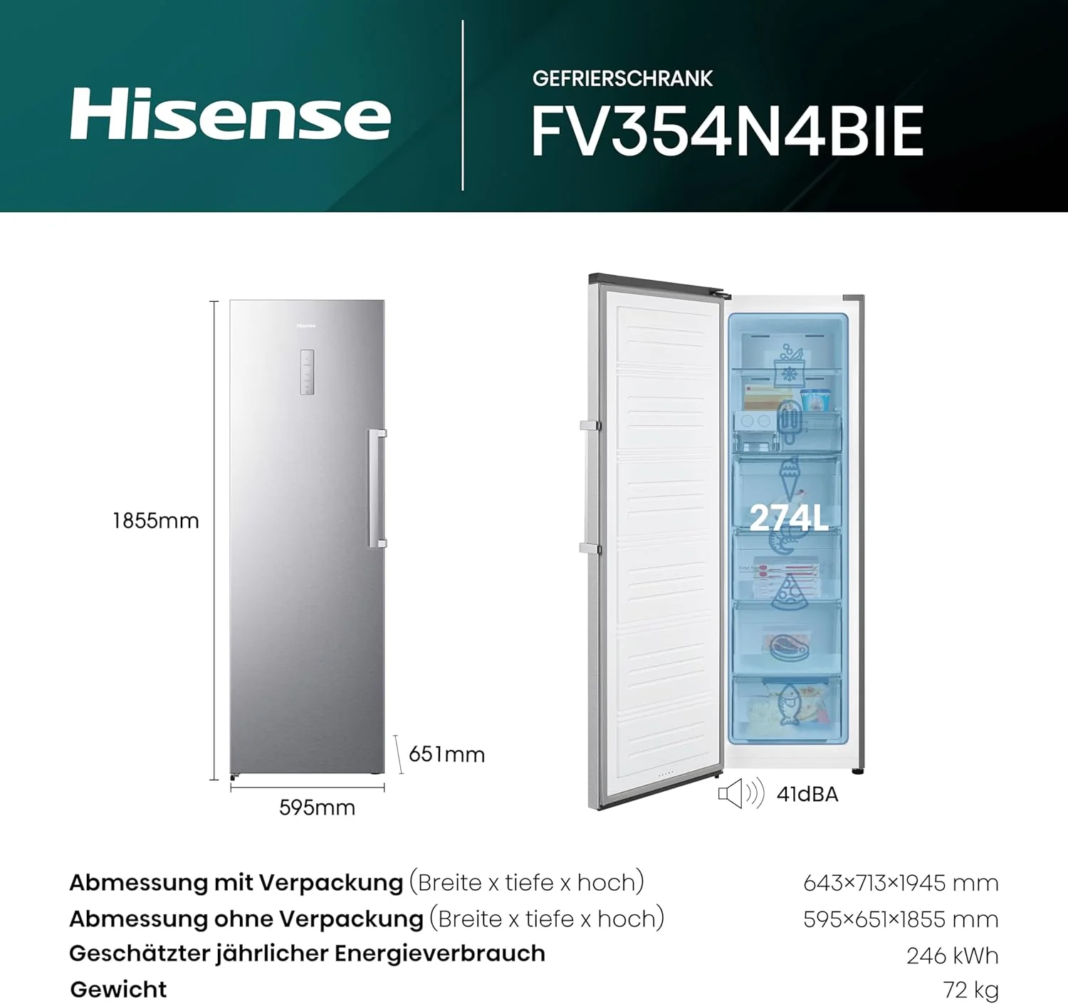 Hisense FV191N4AW2 Vriezer/ TotalNoFrost/ SuperFreeze/ Deuralarm/ Multiflow 360��/ BigBox/ 143,4 cm/ Vriesgedeelte 147 l/ 41 dB/ 205 kWh/Wit
