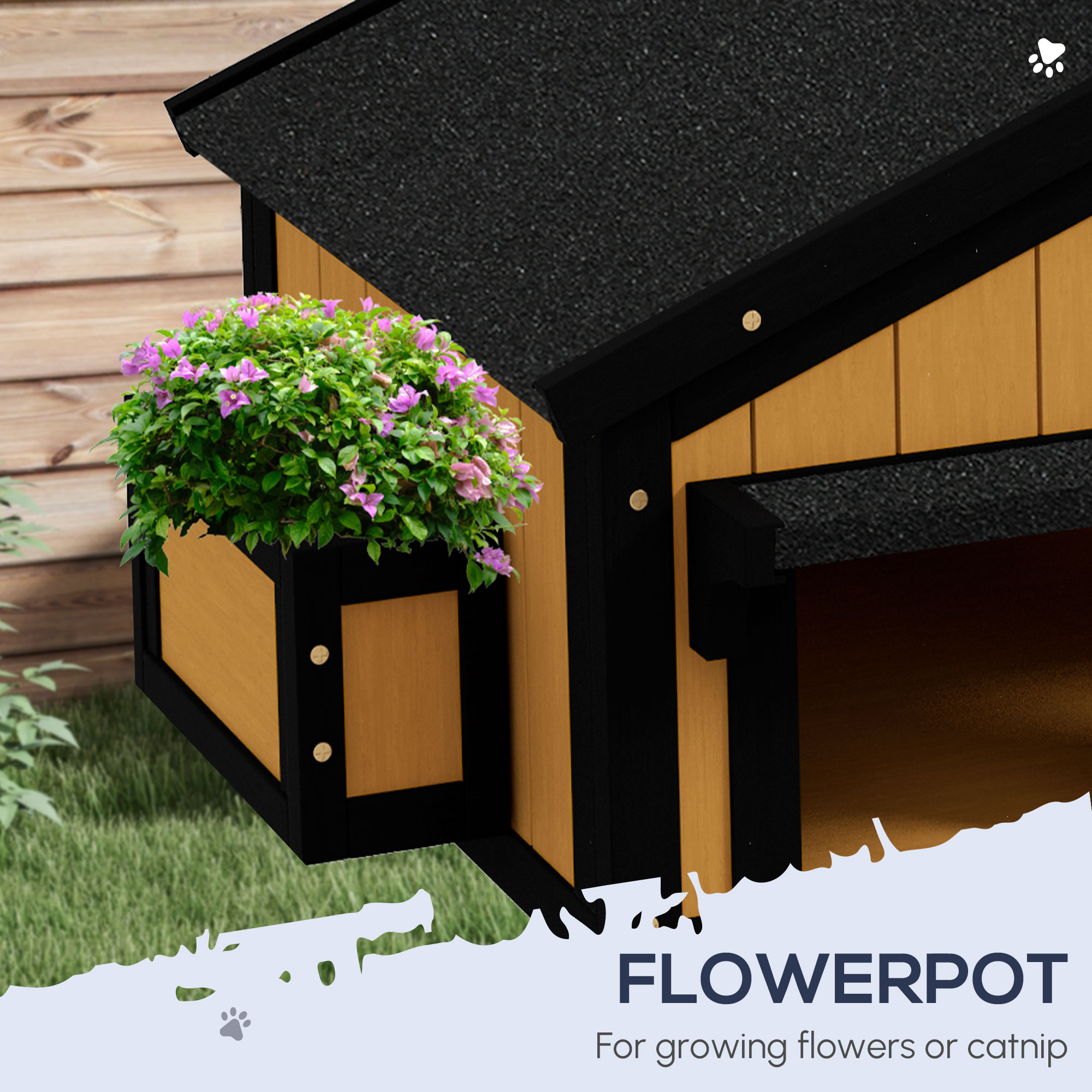 Kattenhuis Kattenhut Kattenhol, inclusief bloembak, 96 cm x 65 cm x 85,5 cm, Geel + Wit + Zwart