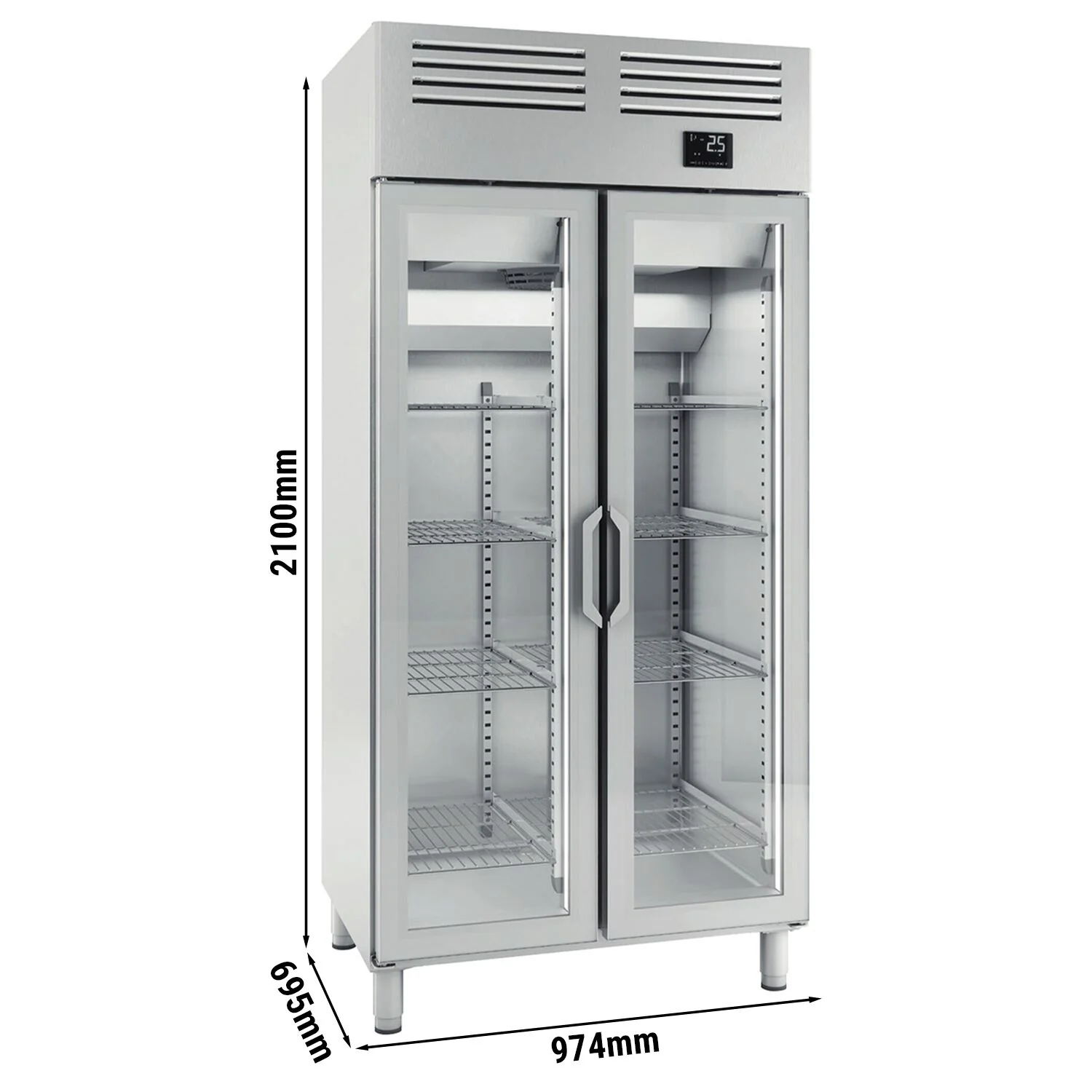 Kjøleskap i rustfritt stål Premium PLUS - GN 1/1 - 745 l - +2 °C til +6 °C - med 2 glassdører - LED-belysning, Ventilert kjøling, R290