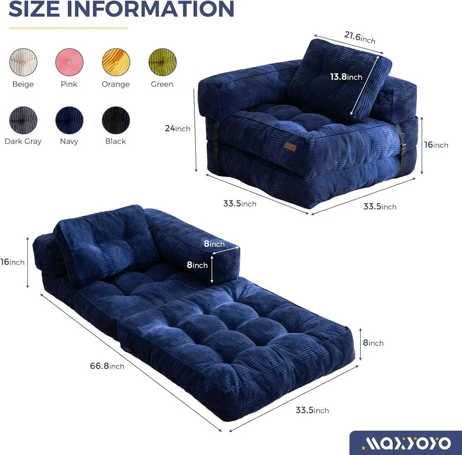 Folding Sofa Bed L-Shaped Convertible Sofa Bed with Armrests and Pillows
