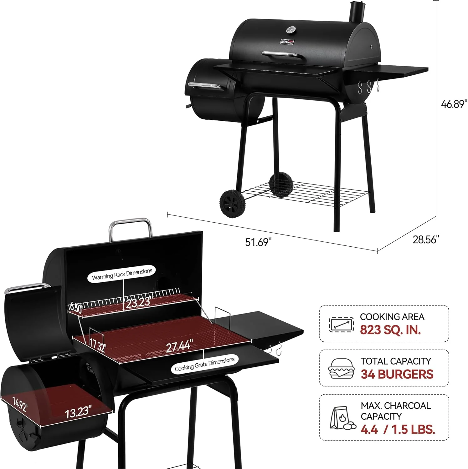 Royal Gourmet CC1830S BBQ Charcoal Grill and Offset Smoker | 823 Square Inch cooking